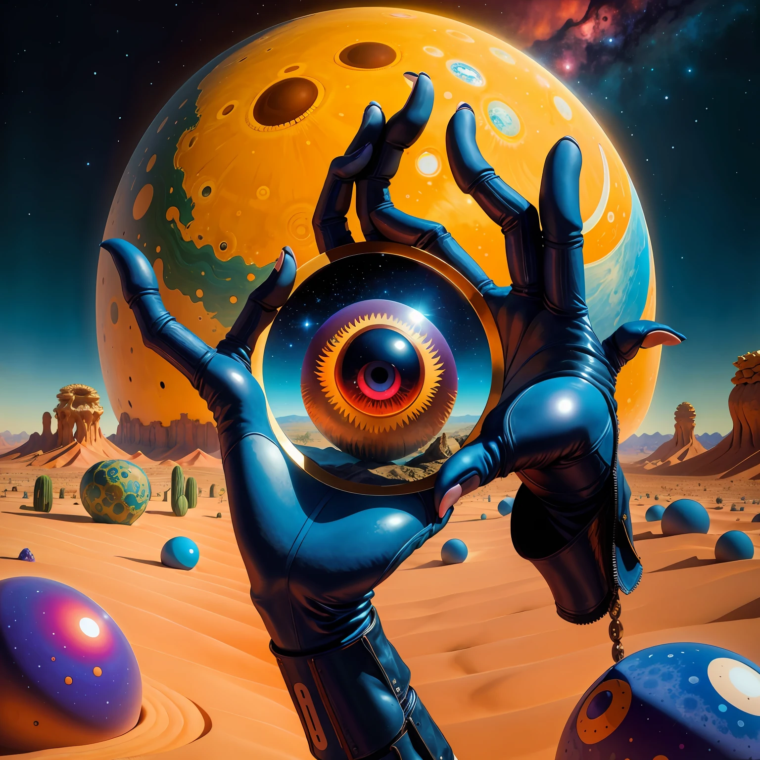 **it is a hand with oculi's eyes in the middle of a desert, in the style of steve hillier, lunarpunk, childlike illustrations, cosmic visions, photo-realistic hyperbole, emek golan, exaggerated perspectives --s 50 --q 2