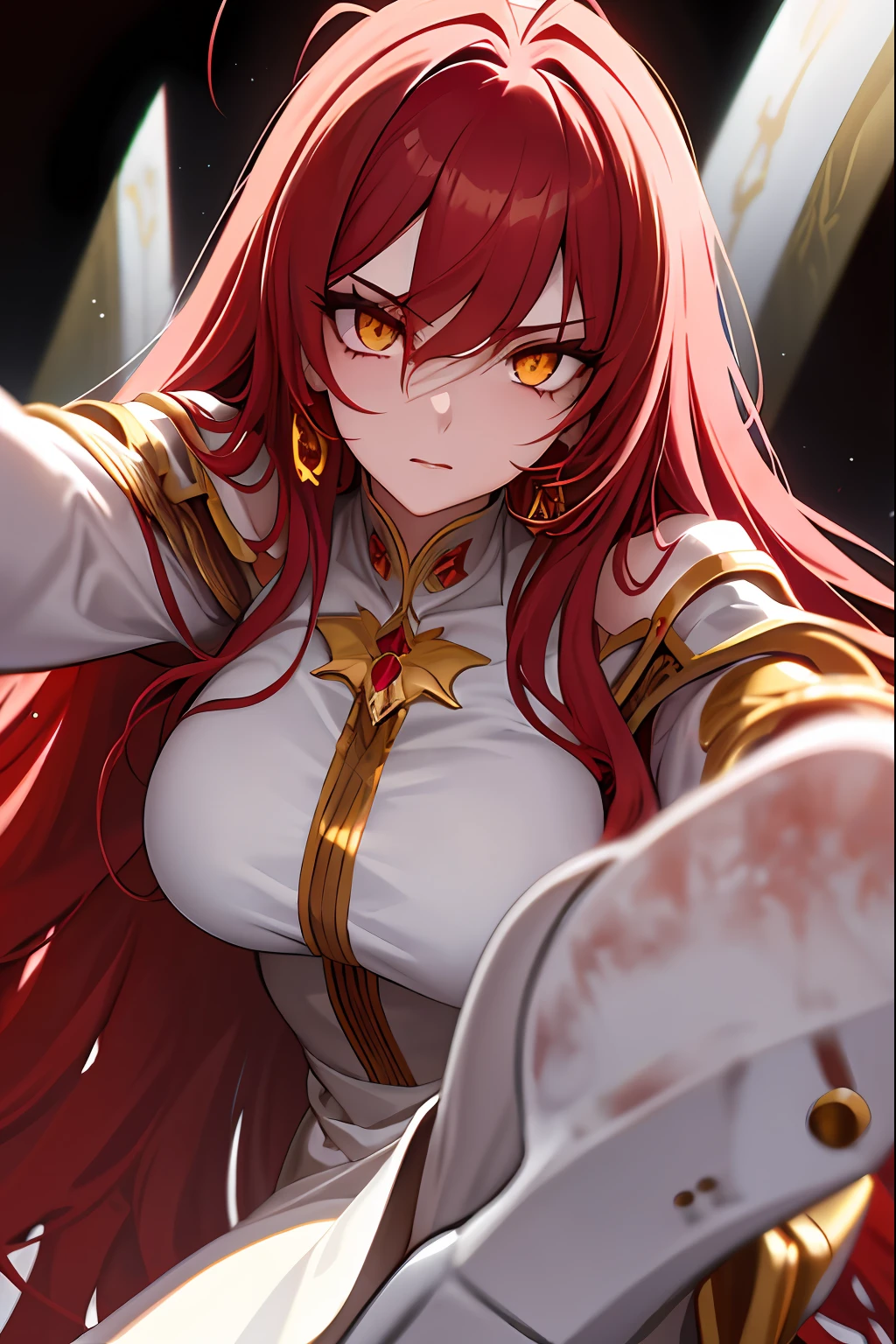 masterpiece, best quality, 1girl, long hair, big bust, very long red hair, yellow eyes, hair separed, white dress, gold, ruby earrings, good anatomy, red gloves, boots, heels, evil, emotionless, intimidant, bloody, detailed eyes, dark background, close up, ((detailed eyes)), beautiful eyes, hair bang, frontal look, hair antenna