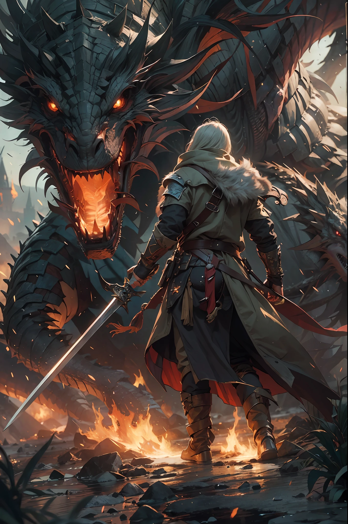 (ultra-detailed CG unity 8k wallpaper, masterpiece, best quality, depth of field, HDR, intricate), male adventurer fight with a dragon, sword strike, burning surrounding, (intricate: 1.4) (masterpiece: 1.4) (illustration: 1.4), post-processing, 8k resolution, dark background, meticulously composed photos, impressive, dark fantasy (by Greg Rutkowski: 1.2), (by daarken: 1.5)