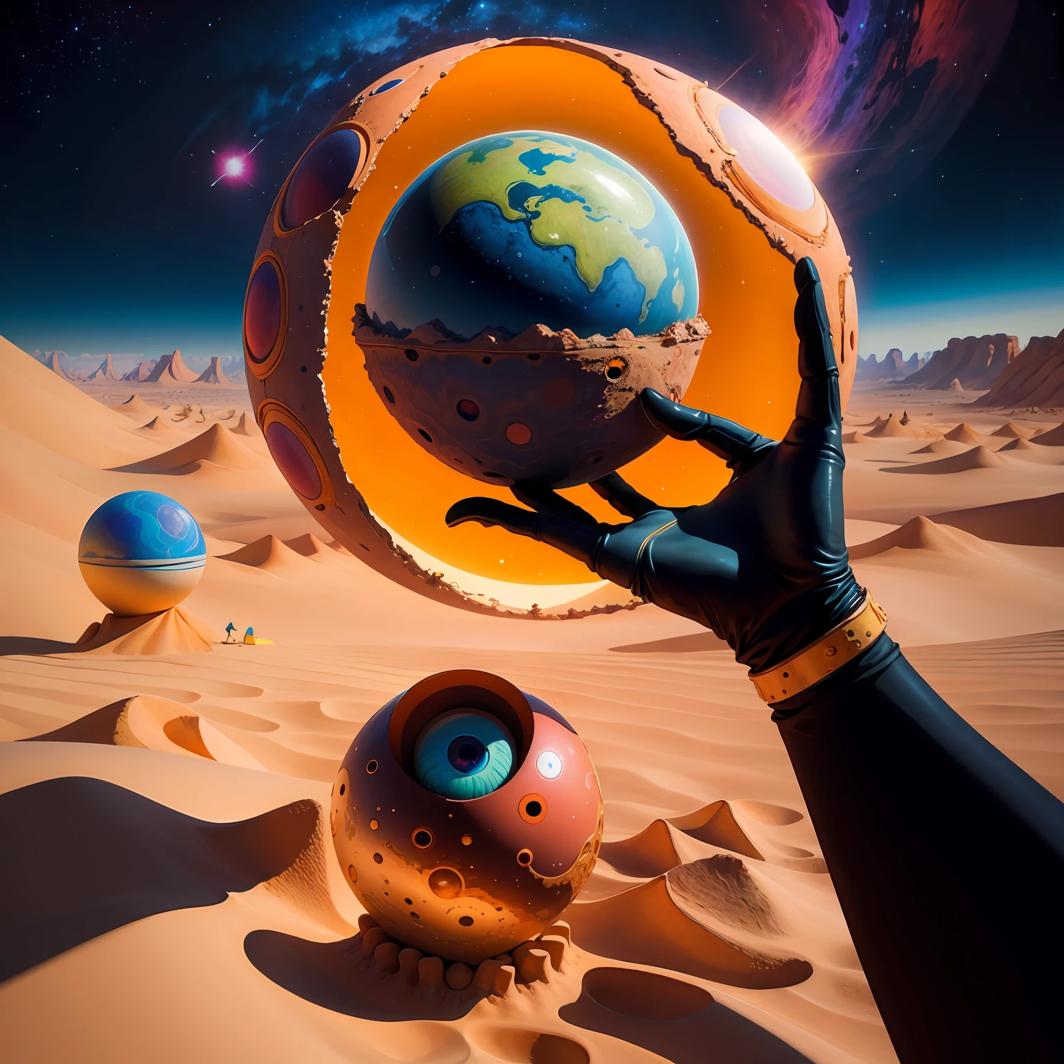 **it is a hand with oculi's eyes in the middle of a desert, in the style of steve hillier, lunarpunk, childlike illustrations, cosmic visions, photo-realistic hyperbole, emek golan, exaggerated perspectives --s 50 --q 2