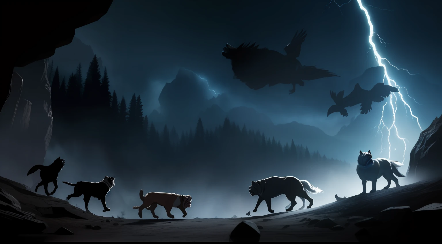 1bulldog, 1wolf, 10 flying all around crow's/ravens, all together, coming out of a cave, dark forest, lightning in background, high quality,realistic, moon casting light