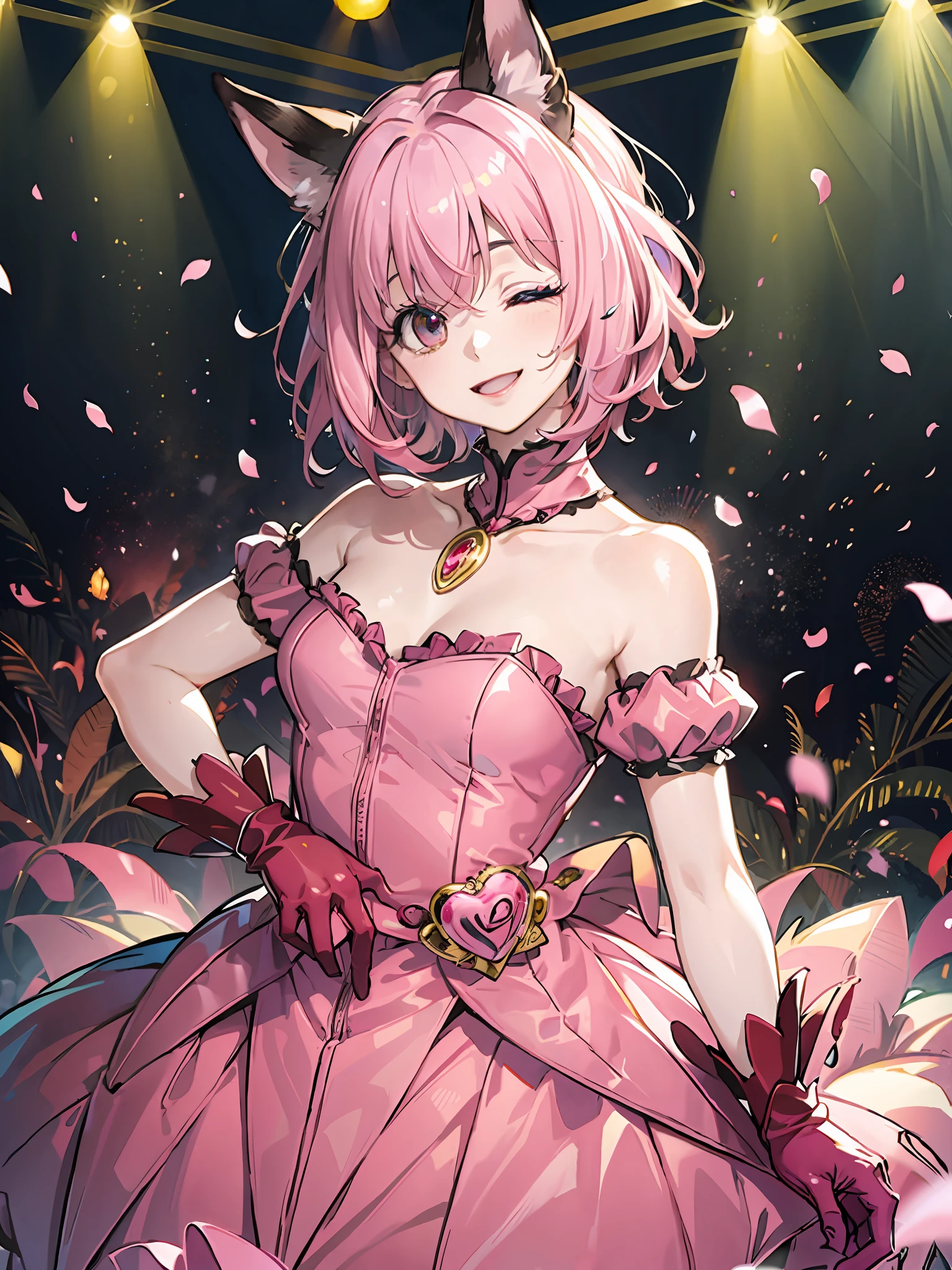 (illustration:1.1),(Best quality),(Masterpiece:1.1),(beautiful and clear background:1.25),(Masterpiece, Best quality, Ultra-detailed), (Photorealistic), (Beautiful detailed eyes),
Stage,stage light,(Pink hair,Red hair), 
1girll,fox ear，Solo,view the viewer,Cowboy shot, Upper body, 
 uehara ayumu, Yellow eyes, frill dress, pastel pink dress,Light smile,Depth of field,(Pale pink gloves:1.4),Frilled gloves,sweeping bangs,
Bare shoulders, One eye closed,round teeth,
Ai's pose,Double V,