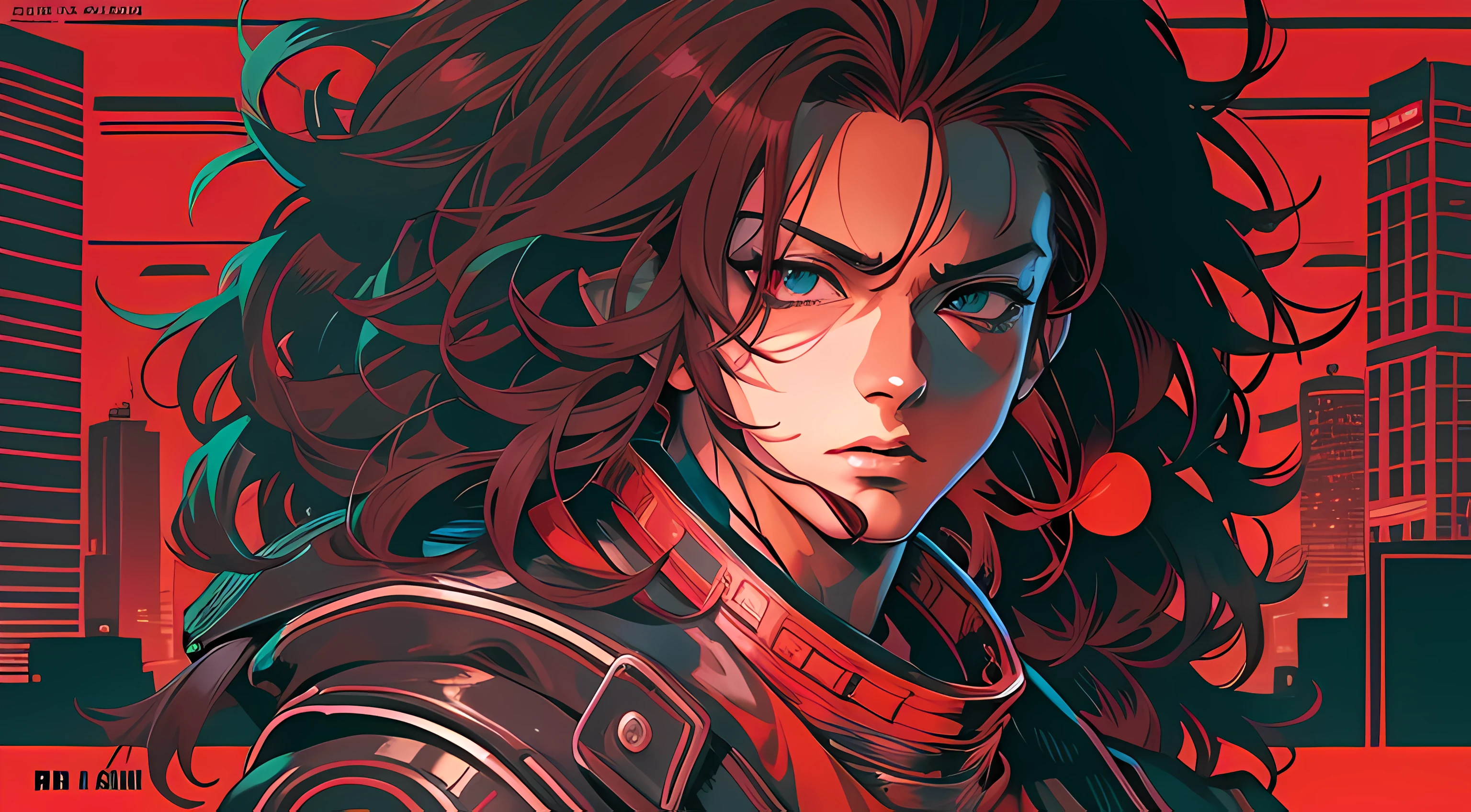 anime style illustration of a man standing in front, akira style illustration, akira art style, digital cyberpunk anime art, in the style of akira, akira artstyle, akira style, akira movie style, cyberpunk art style, cyber space cowboy, in cyberpunk style, digital cyberpunk - anime art, cyberpunk anime art, cyberpunk dude, 8 0 s anime style, Pop Art, masterpiece, accurate, Poster, anatomically correct, hand drawn, simple lines, illustration, digital art, anime style, magazine style, dark red hair color, background in print, 4K UHD