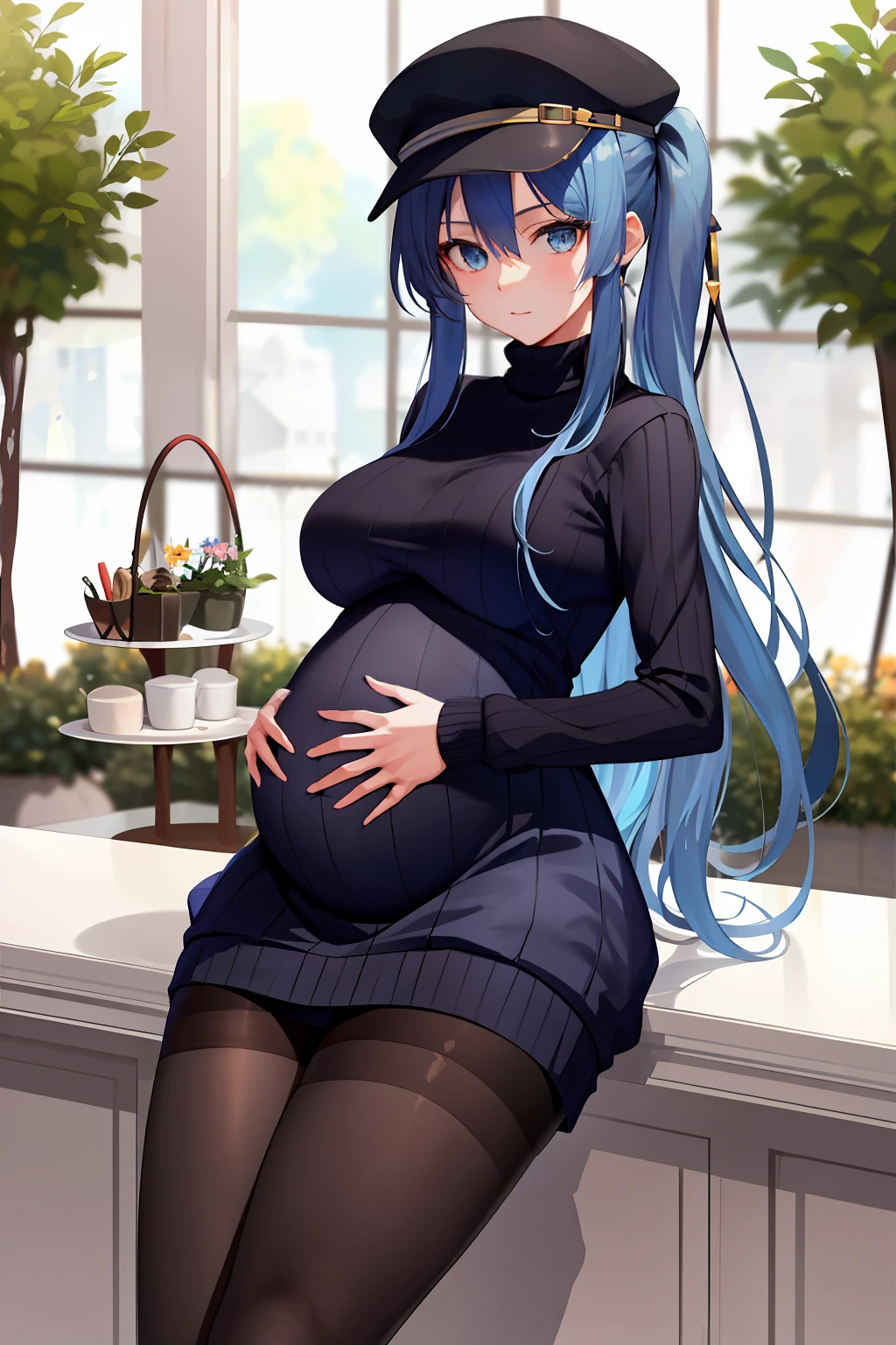 (Masterpiece), (Best quality),A high resolution, Ultra detailed, esdeath, Long hair ,Blue hair, Blue eyes, Peaked hat, Detailed background, cafe shop,high waisted skirt, Black pantyhose, (Black sweater), full bodyesbian,Pregnant belly, Maternity clothing,Maternity wear,Pregnant belly,Pregnant belly