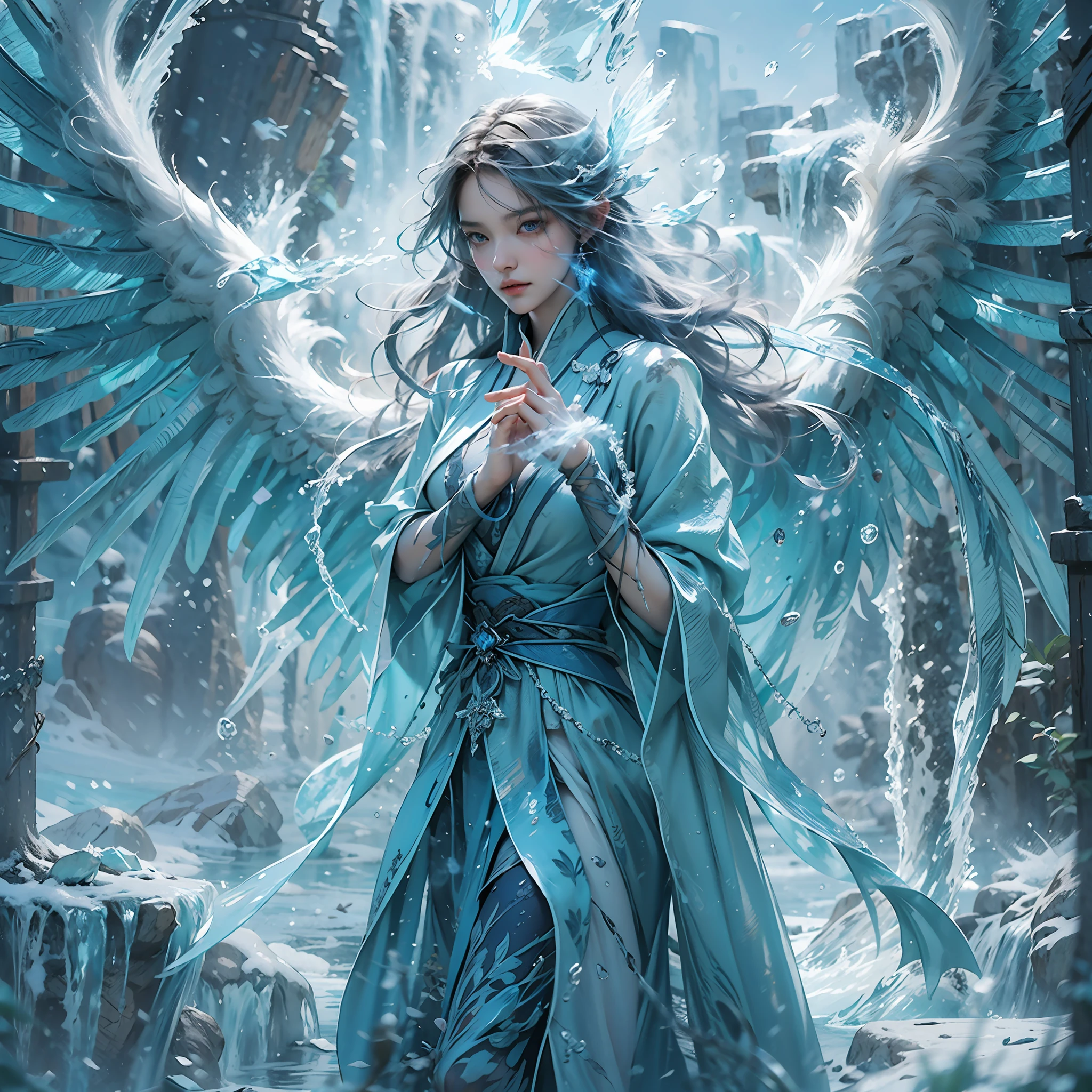(((1girll))),Imperial water,A magician,(Loose dress:1.5),(Perfect facial features:1.4),(Blue silk robe),(Mysterious magic formations:1.2),Blue glow,(Frost wings),Powerful ice magic,Icicles,Towering over the landscape,Blue light cold light,Ice storms,Wind,Flying snow ice and snow,Amazing results,,best qualityer,tmasterpiece,超高分辨率,finely detailled,Complicated details,8K分辨率,8KUCG wallpaper,hdr,water blue,Magic Array,Cinematic lighting effects,lightand shade contrast,Ray traching、NVIDIA RTX