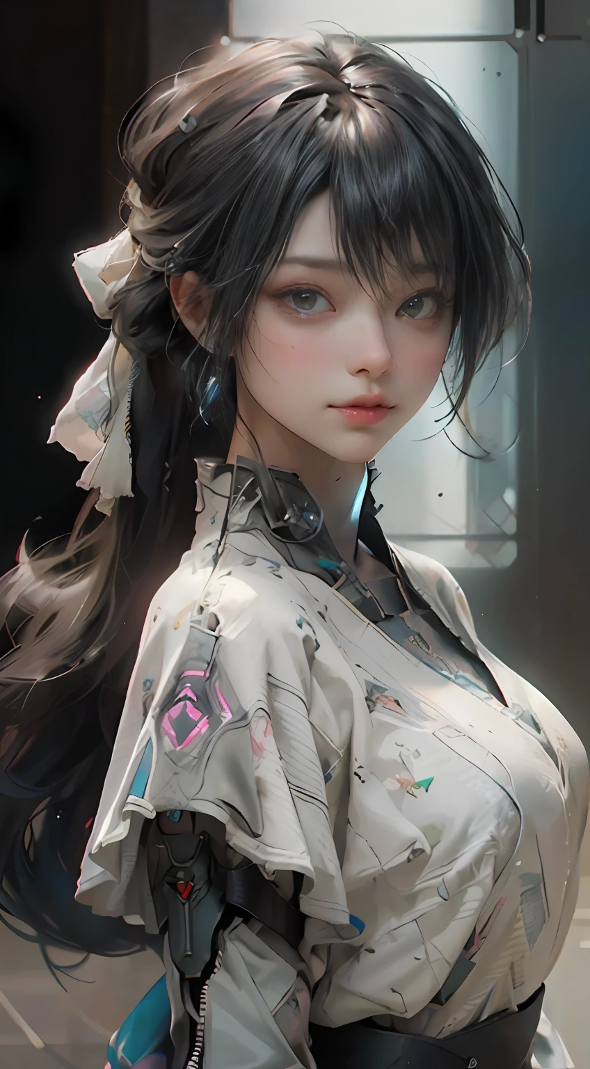Frontal photo,((best qualtiy)), ((tmasterpiece)), (the detail:1.4), 3D, A beautiful cyberpunk female image,hdr(HighDynamicRange),Ray traching,NVIDIA RTX,Hyper-Resolution,Unreal 5,Subsurface scattering、PBR Texture、post-proces、Anisotropy Filtering、depth of fields、maximum definition and sharpness、Many-Layer Textures、Albedo e mapas Speculares、Surface coloring、Accurate simulation of light-material interactions、perfectly proportions、rendering by octane、Two-colored light、largeaperture、Low ISO、White balance、the rule of thirds、8K raw data、
