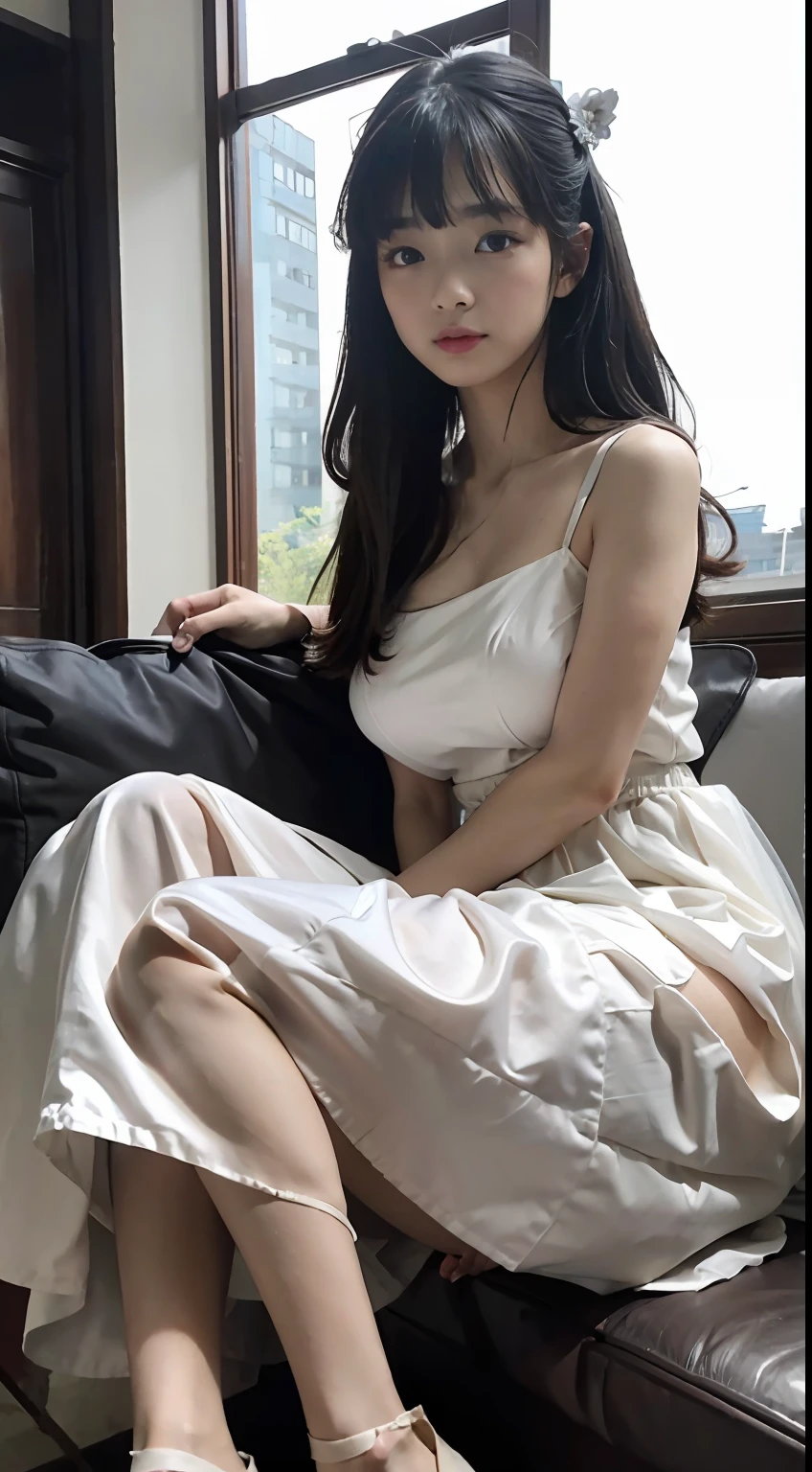 Master quality, highest quality, best picture quality, exaggerated details, a princess cute 8 year old asian with a shy expression, slightly squinted eyes, adjusting her hair, long eyelashes (long hair / very, very exaggerated big breasts, big tits / in hanfu pentticoat thin silk qipao dress, short skirt), posing sit in front of the camera, wet throught breast Petticoat