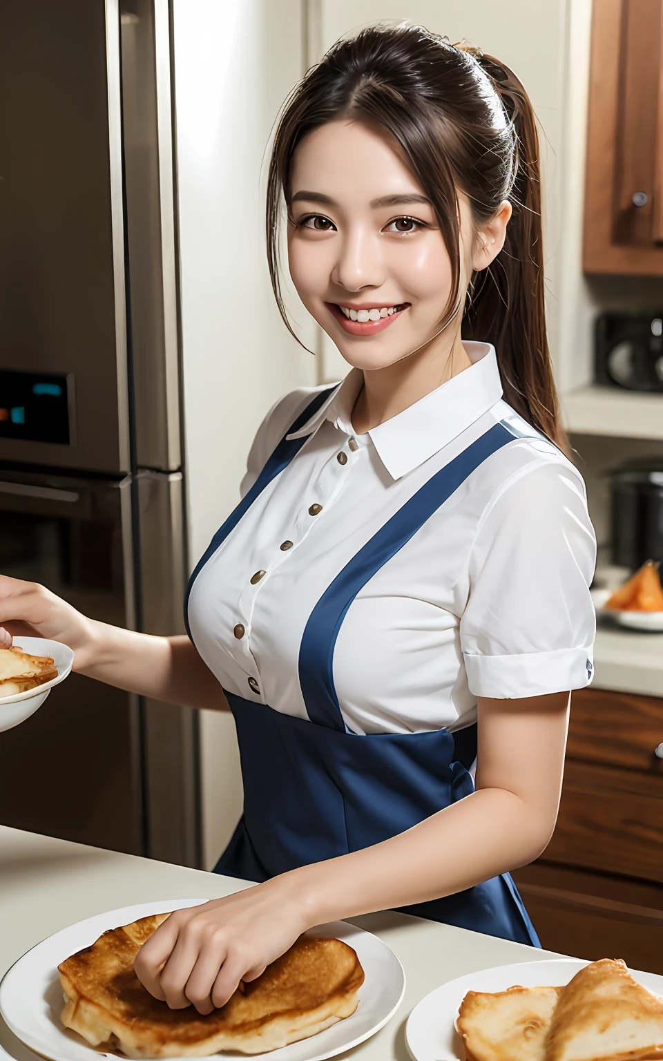Highly detailed CG Unity 8k wallpaper, With the highest quality, super detailed, ​master piece, Realistic, photos realistic, extremely detailed cute girl, 25 years old , (Cute Maid Costume ),  Smile , Round eyes, ????????????? , looking viewer, Half body shot  , kitchin , Making breakfast ,  Ponytail