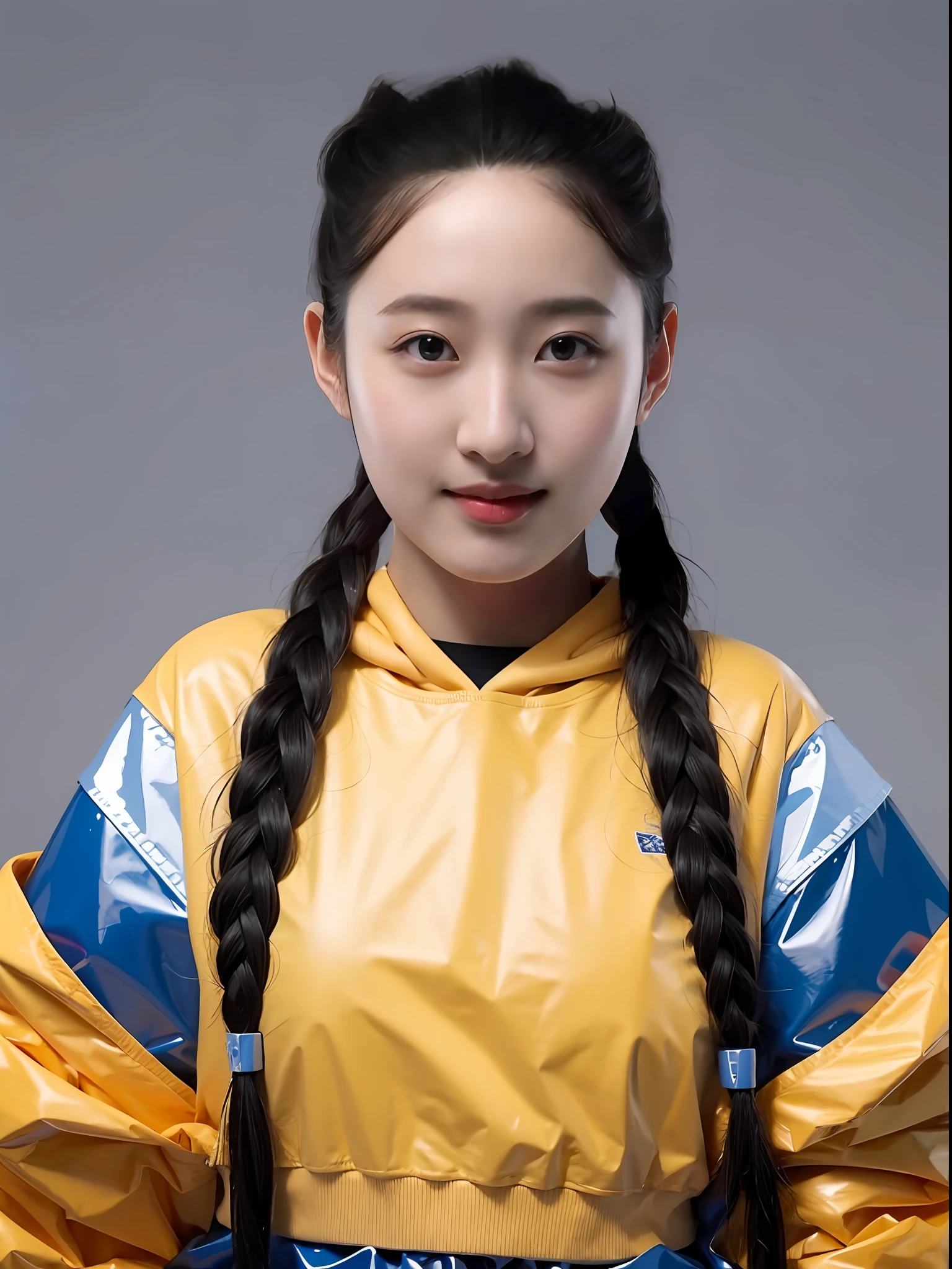 A Chinese high school girl,Full breasts,Wearing a blue PVC sweatshirt,long braid