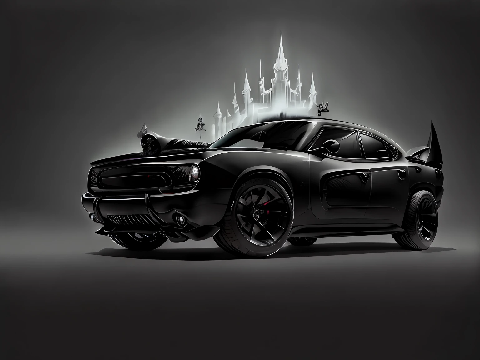 a 3/4 front view of ((futuristic gothicpunk dodge charger)), at the gothic parking lot,