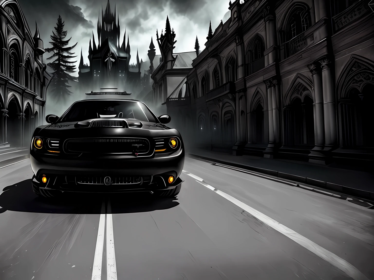 a 3/4 front view of ((futuristic gothicpunk dodge charger)), at the parking lot,