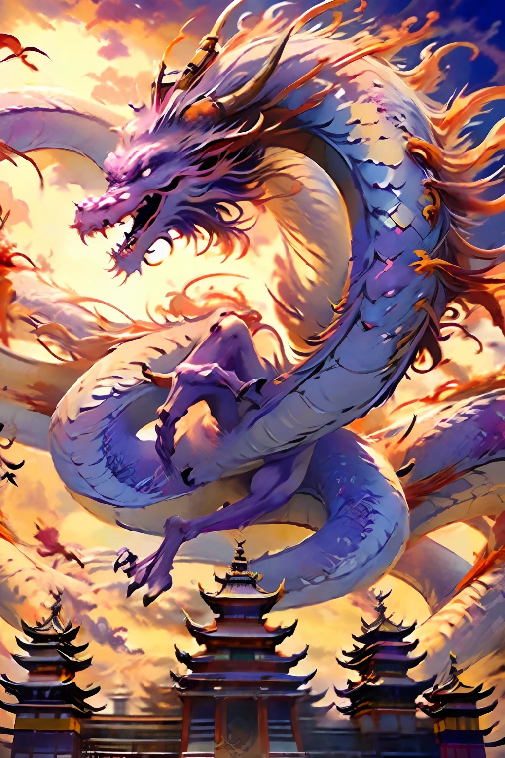 Best quality, masterpiece, ultra high res, naked without humans, (long: 1.2), no humans, cloud, architecture, east asian architecture, purple eyes, horns, open mouth, sky, fangs, oriental dragon, overcast sky, teeth, flying, purple fire, bird, wings