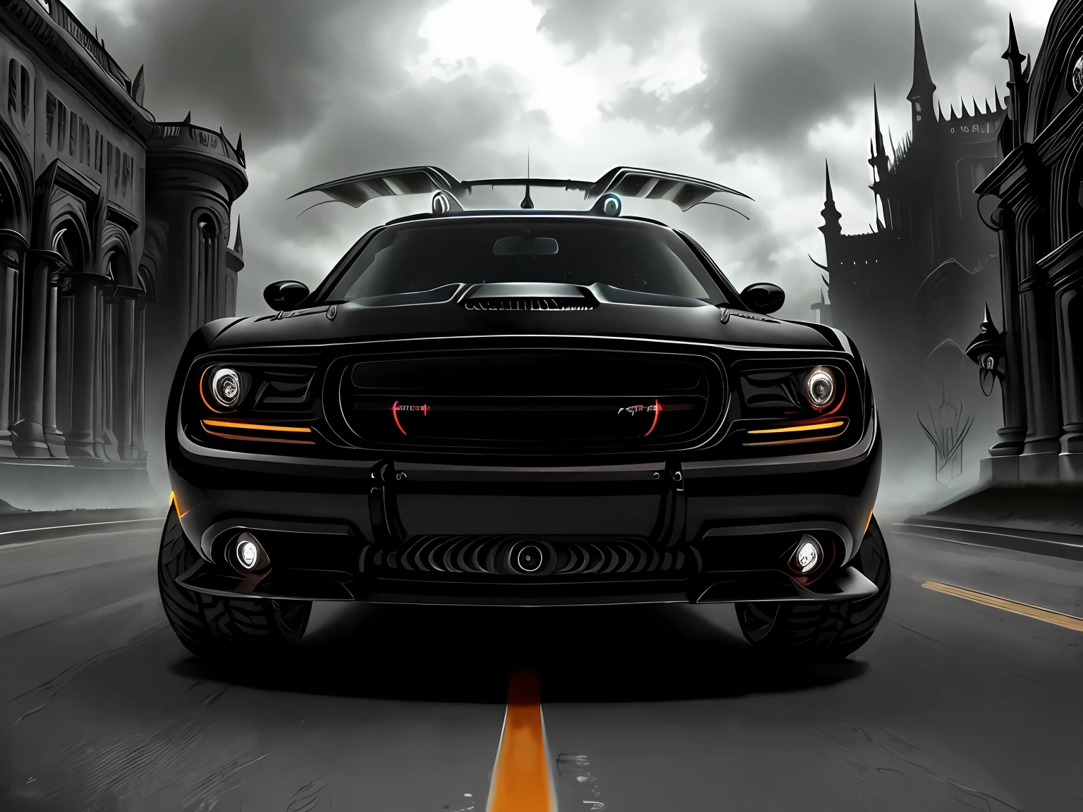 a 3/4 front view of ((futuristic gothicpunk dodge charger)), at the parking lot,
