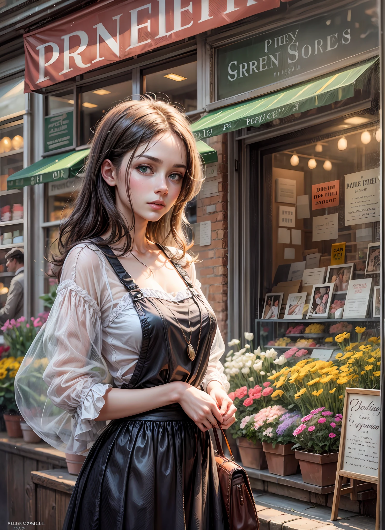 Hyperrealism detailed, there is a woman with green eyes, fullbody, in front of a flower shop with a green awning and flowers, flower shop scene, french impressionism, by Pierre Toutain-Dorbec, inspired by Robert Antoine Pinchon, by Pierre Roy, impressionistic painting, professional oil painting, impressionist oil painting, by William Didier-Pouget, by Vincent Pepi, inspired by Antoine Blanchard
