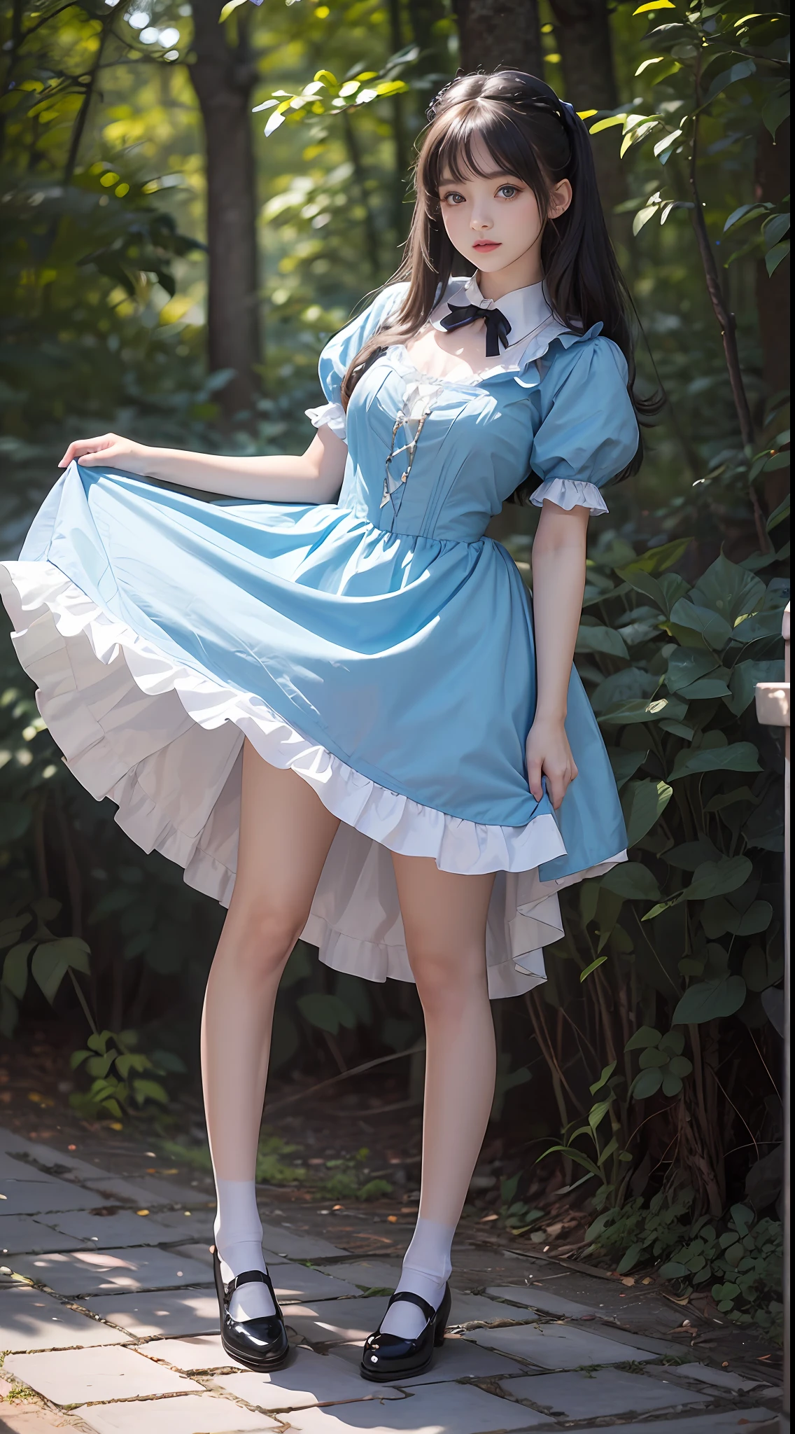 Best Quality, masterpiece, 超A high resolution, (Photorealsitic:1.4), Raw photo, 24 year old Lolita style woman posing with skirt lifted and one leg raised, alice in the wonderland, Alice Blue Dress, White socks and black shoes, white backgrounid