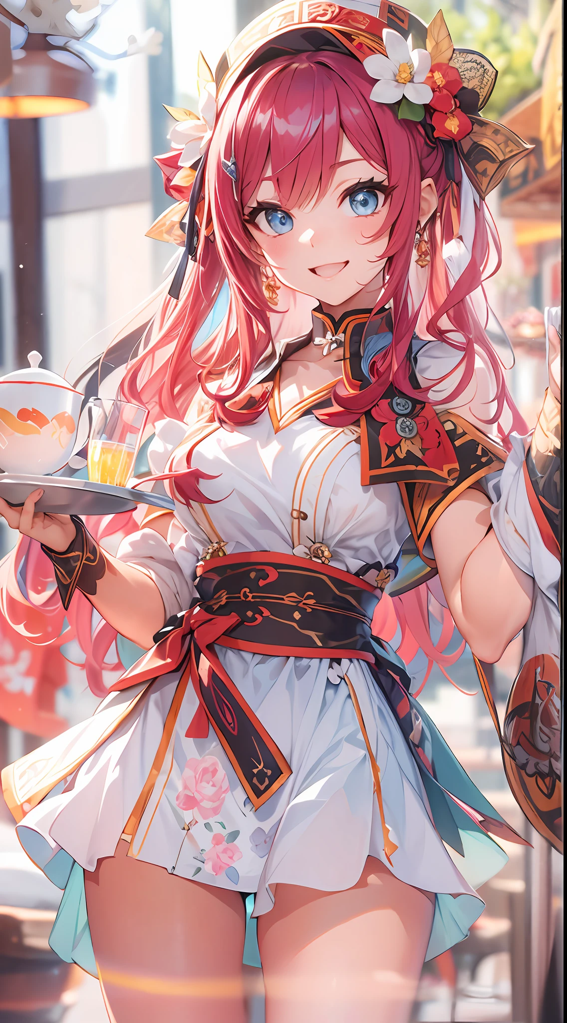 (top-quality、8K、32K、tmasterpiece、hyper HD、The is very detailed:1.2)、sideshot、full bodyesbian, Cafe、Waitress、beauitful face、blurred back、20-year-old beauty、shiny skins、Red color hair、double bun hair、Blue eyes、Chinese clothing、Floral hair ornament、Drinking tea、Evil smile、thighs thighs thighs thighs、