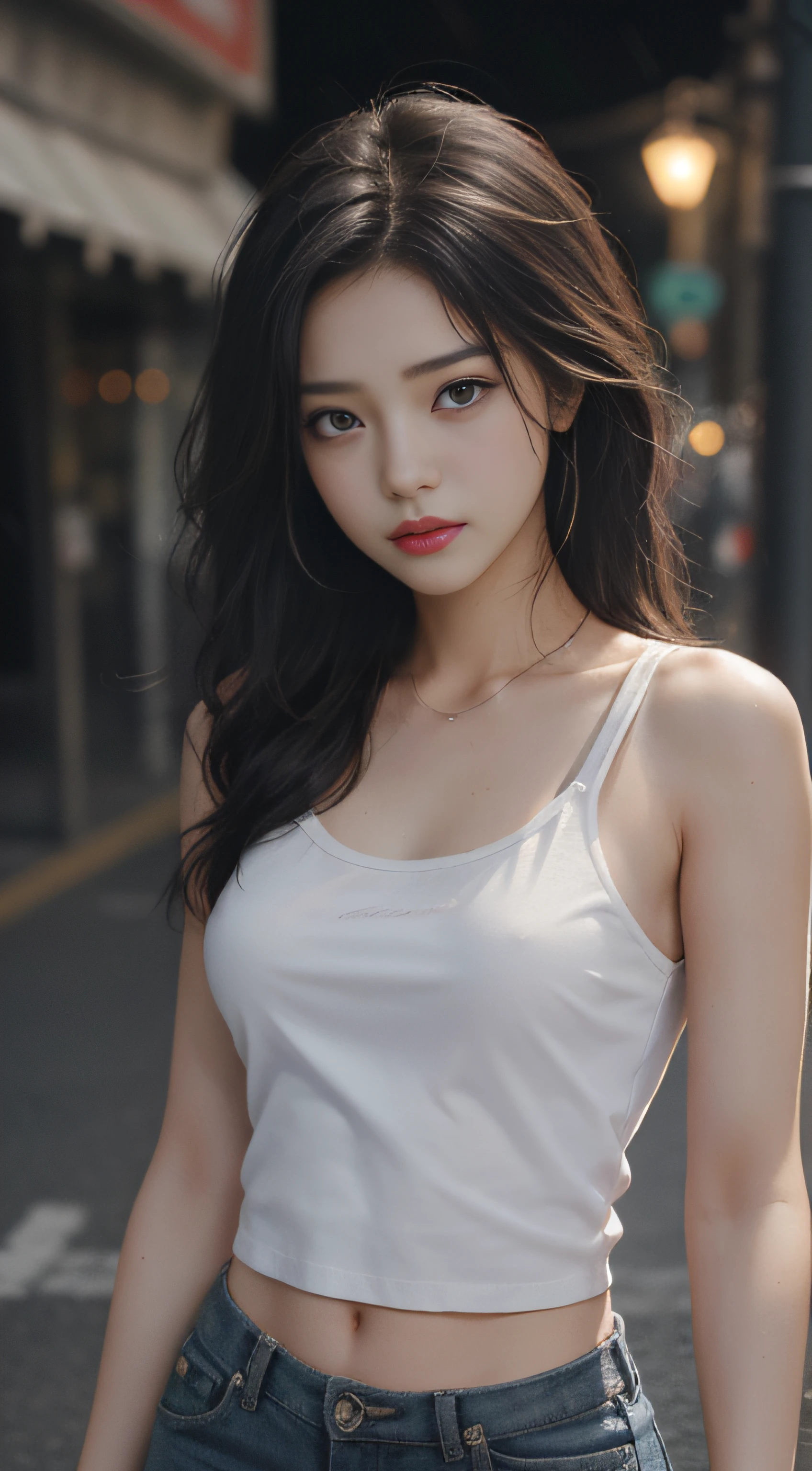 ((Best quality, 8k, Masterpiece :1.3)), Sharp focus :1.2, perfect figure beautiful woman:1.4, Slim abs:1.2, ((Layered Hair Style,)), (Tank top shirt:1.1 ), (the street:1.2), Highly detailed facial and skin texture, A detailed eye, 二重まぶた,（torn laundry：1.5）， Best Picture Quality， tmasterpiece， 超高分辨率， （fidelity：1.4）， photore， 1 rapariga，[（grieves）]，white  shirt， dimly lit， darkly， be desperate， pitying， cute little， cinematic ligh， tears， tear drop， （torn laundry：1.5）， （wetclothes：1.4）， exposed bare shoulders， Real rain， Wet hair,inner colored