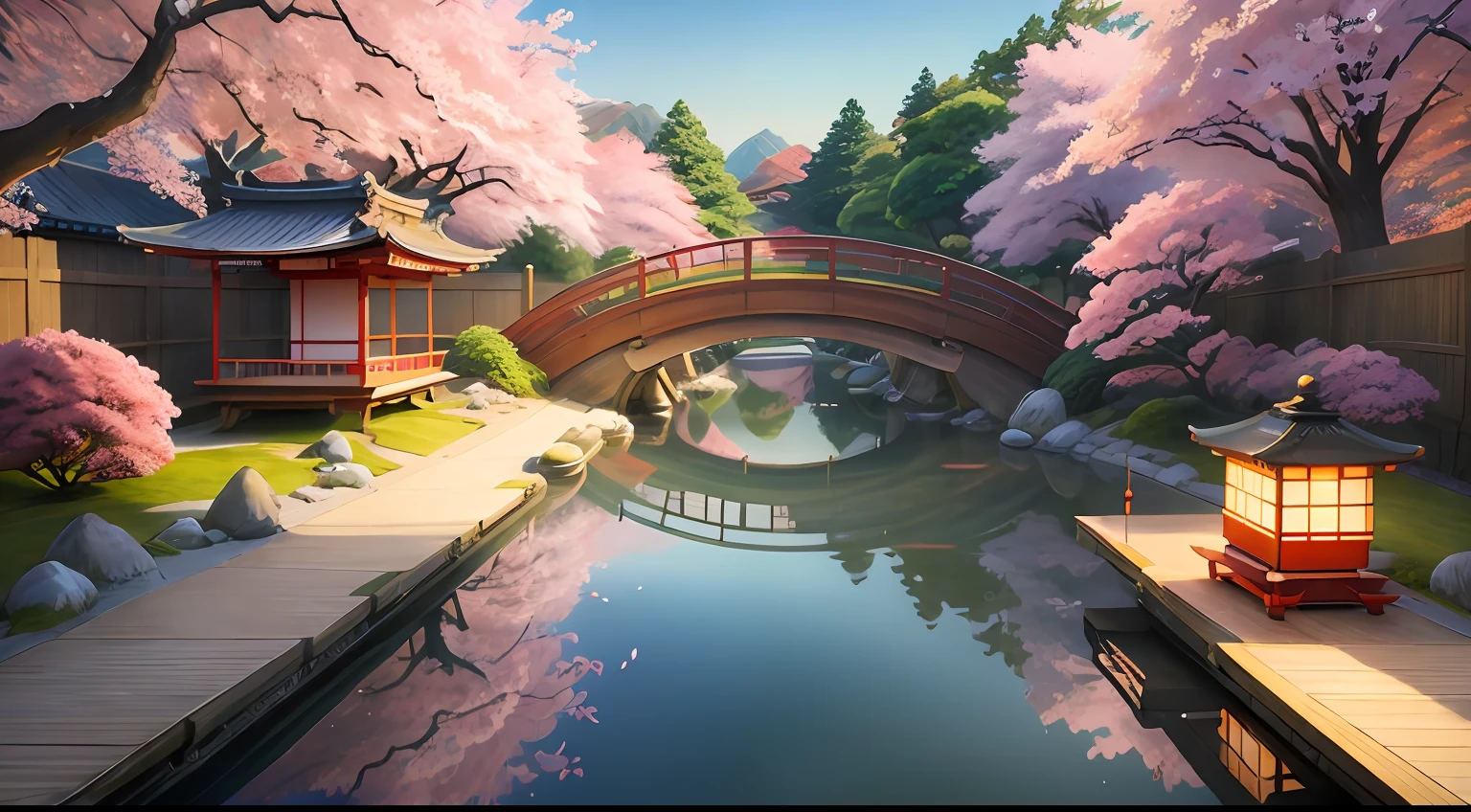(digital painting),(best quality), serene Japanese garden, cherry blossoms in full bloom, koi pond, footbridge, pagoda, Ukiyo-e art style, Hokusai inspiration, Deviant Art popular, 8k ultra-realistic, pastel color scheme, soft lighting, golden hour, tranquil atmosphere, landscape orientation