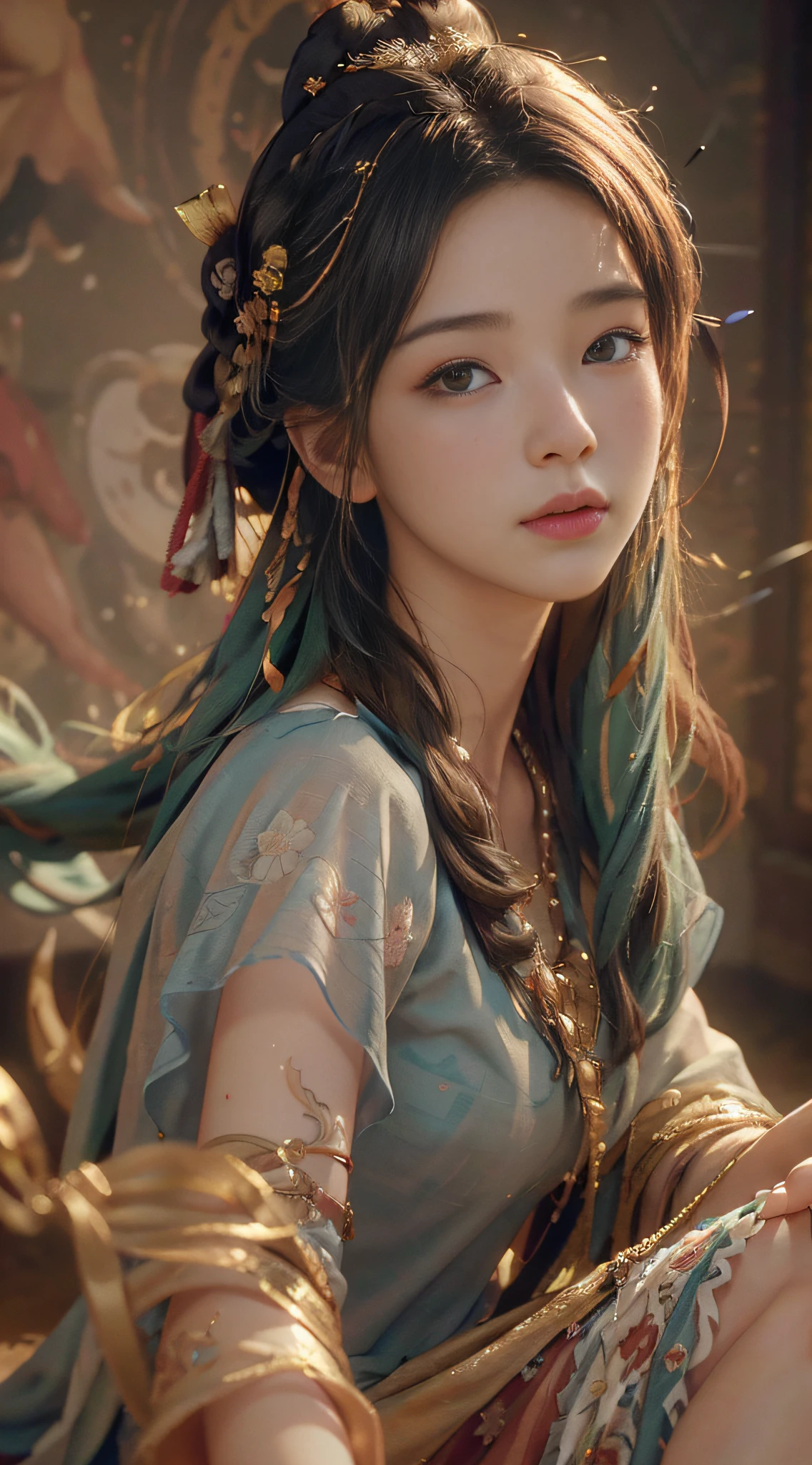 (RAW photo, best quality), (realistic, photo-realistic:1.3),best quality,highly detailed,masterpiece,ultra-detailed,illustration,1girl,upper_body,dynamic angle,world masterpiece theater,messy_long_hair,best quality,extremely detailed CG unity 8k wallpaper,ink,Amazing,cinematic lighting,lens_flare, dunhuang_style