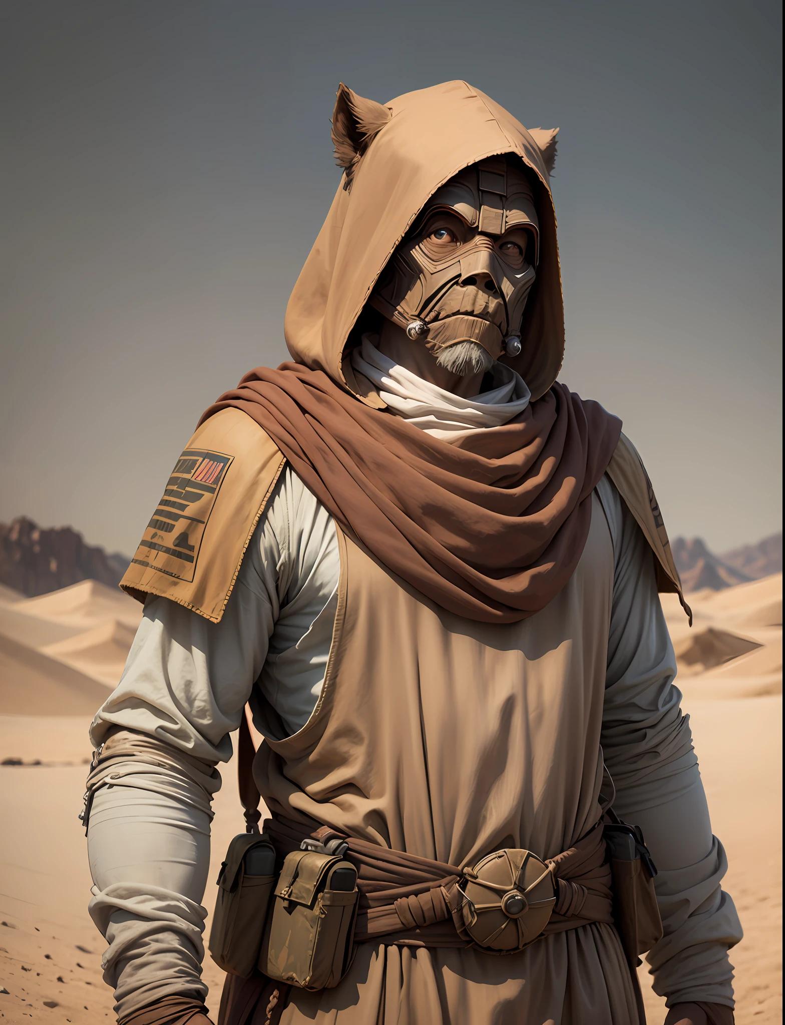 a humanoid, with a dirty desert cassock, Tusken style from star wars, desert background, realistic, 4k --auto --s2