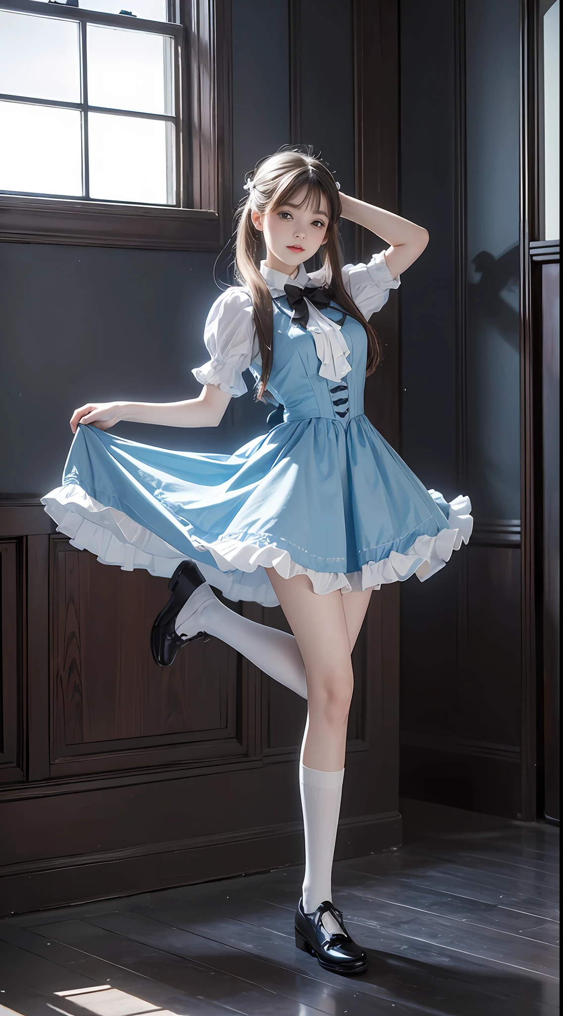 Best Quality, ​masterpiece, 超A high resolution, (Photorealsitic:1.4), Raw photo, 24 year old Lolita style woman posing with skirt lifted and one leg raised, alice in the wonderland, Alice Blue Dress, White socks and black shoes, white backgrounid