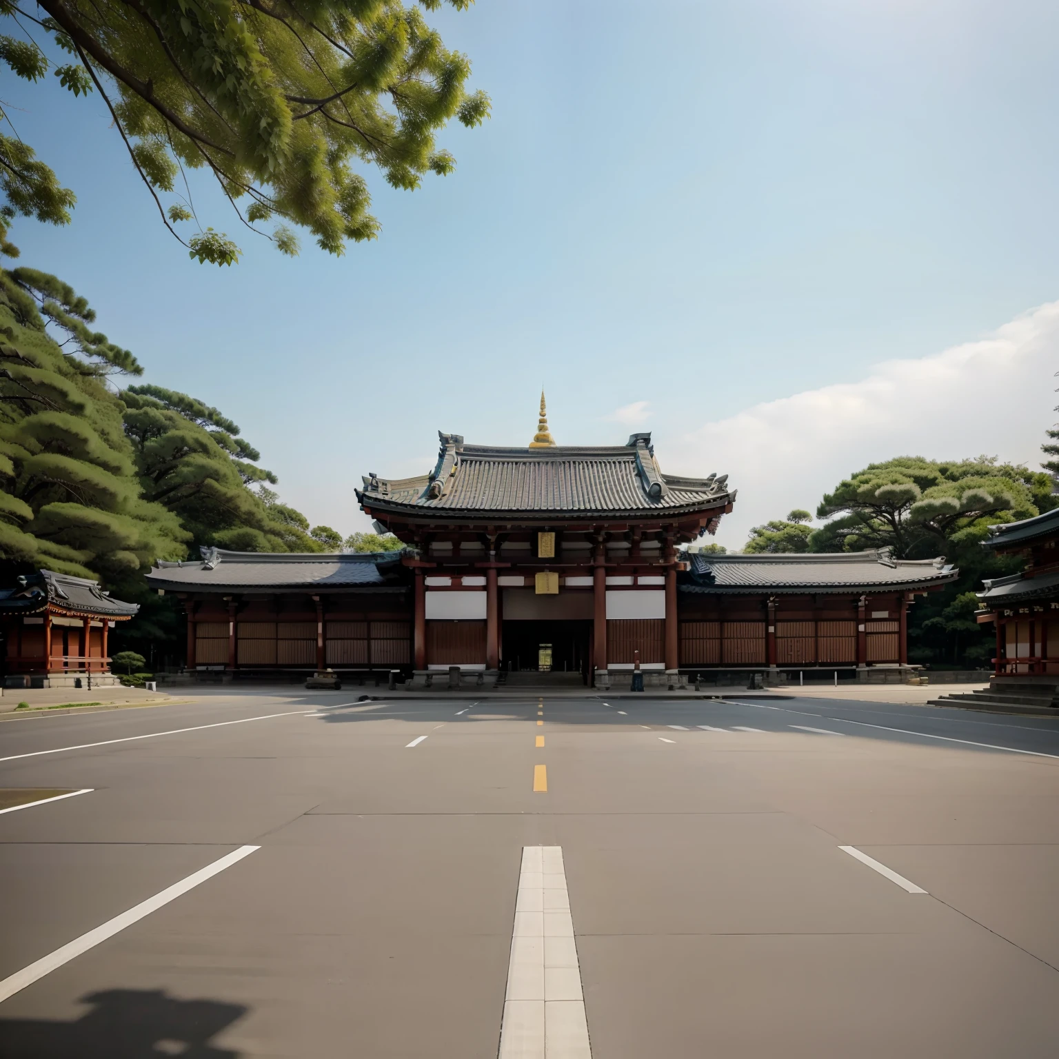 Large parking lot in front of the temple in Japan