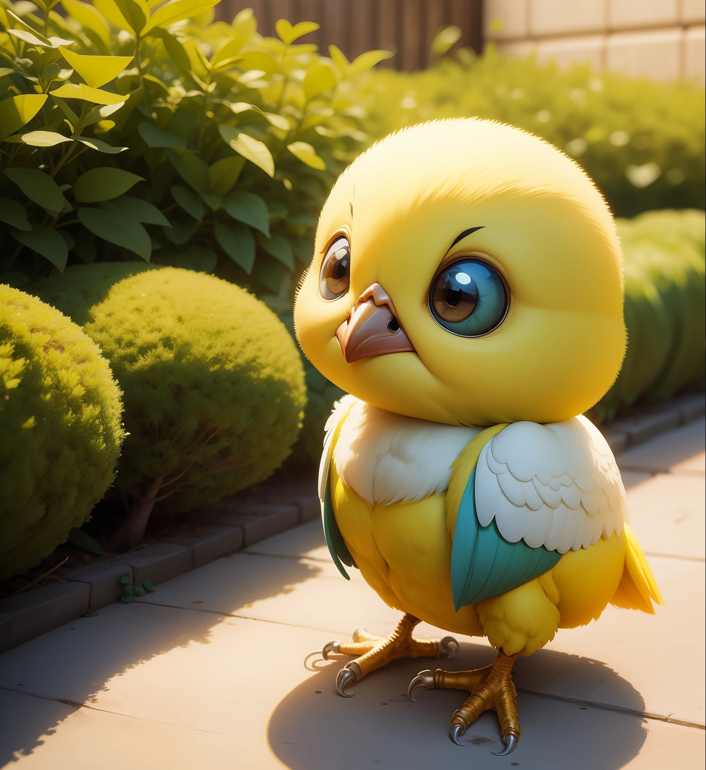 Pintinho amarelinho, filhote de galinha, chibi cute no jardim