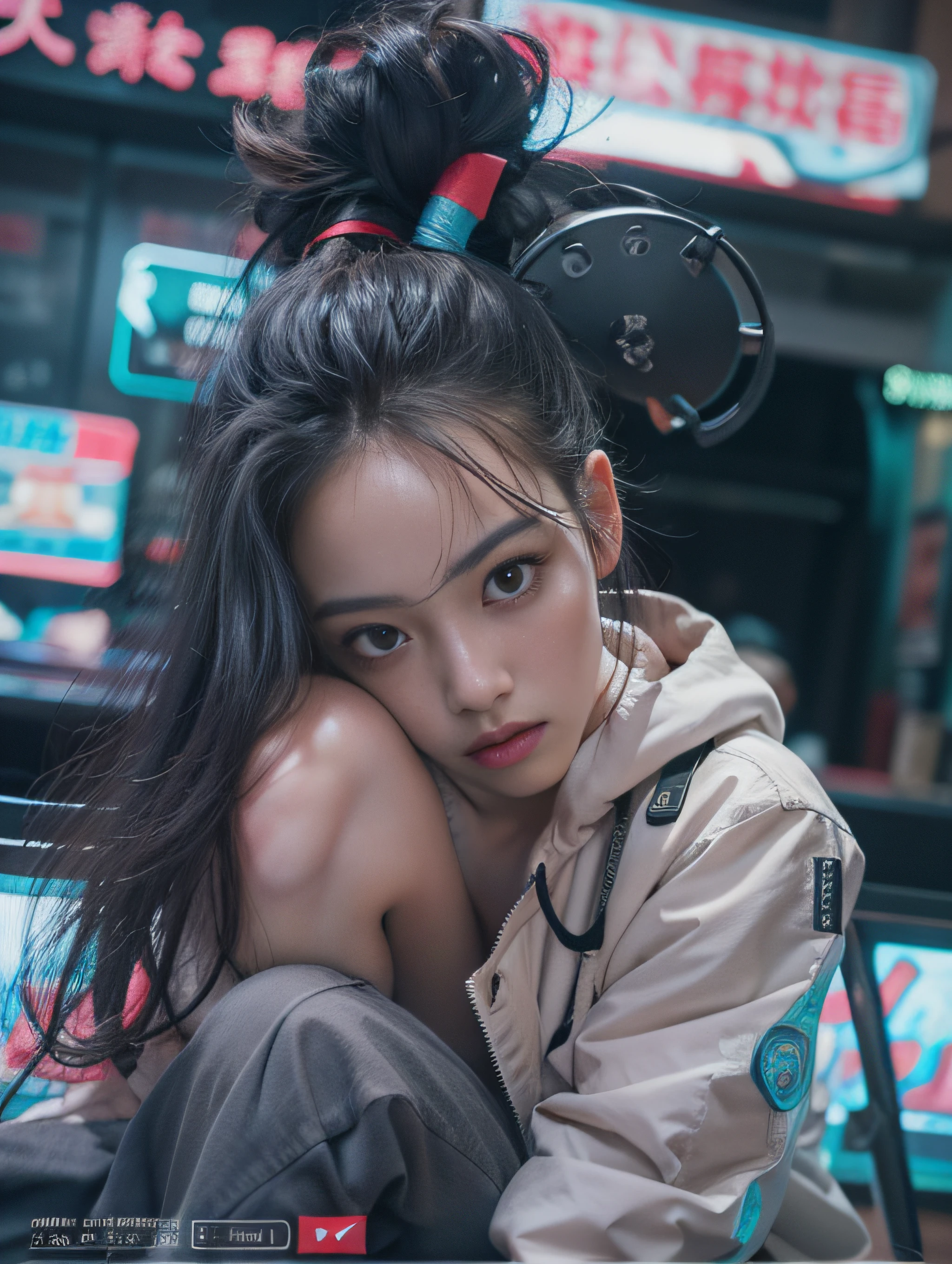 masterpiece、hightquality、Soio、beautiful model、Back lighting、beautiful hairl、A detailed eye、À la Fed woman sitting on a city bench with neon sign, Blade Runners Air、full body Esbian、Cinematic. leng jun, Anime style mixed with Fujifilm, mid shot portrait, cyberpunk streetwear, Inspired by Liam Wong, inspired by Kanō Naizen, cyberpunk vibe, cyberpunk photo, muted cyberpunk style, Medium shot portrait, hyper-realistic cyberpunk style, wearing cyberpunk streetwear、Powerful Hand Pose、low angles、wide-angle lens、14mm lens、sigma、Depth of subject、8K High Resolution、细致背景、Drawing with enhanced hair details、A detailed face、more hair、Detailed nose、Detailed mouth、Detailed body、stares at the camera、Hair details