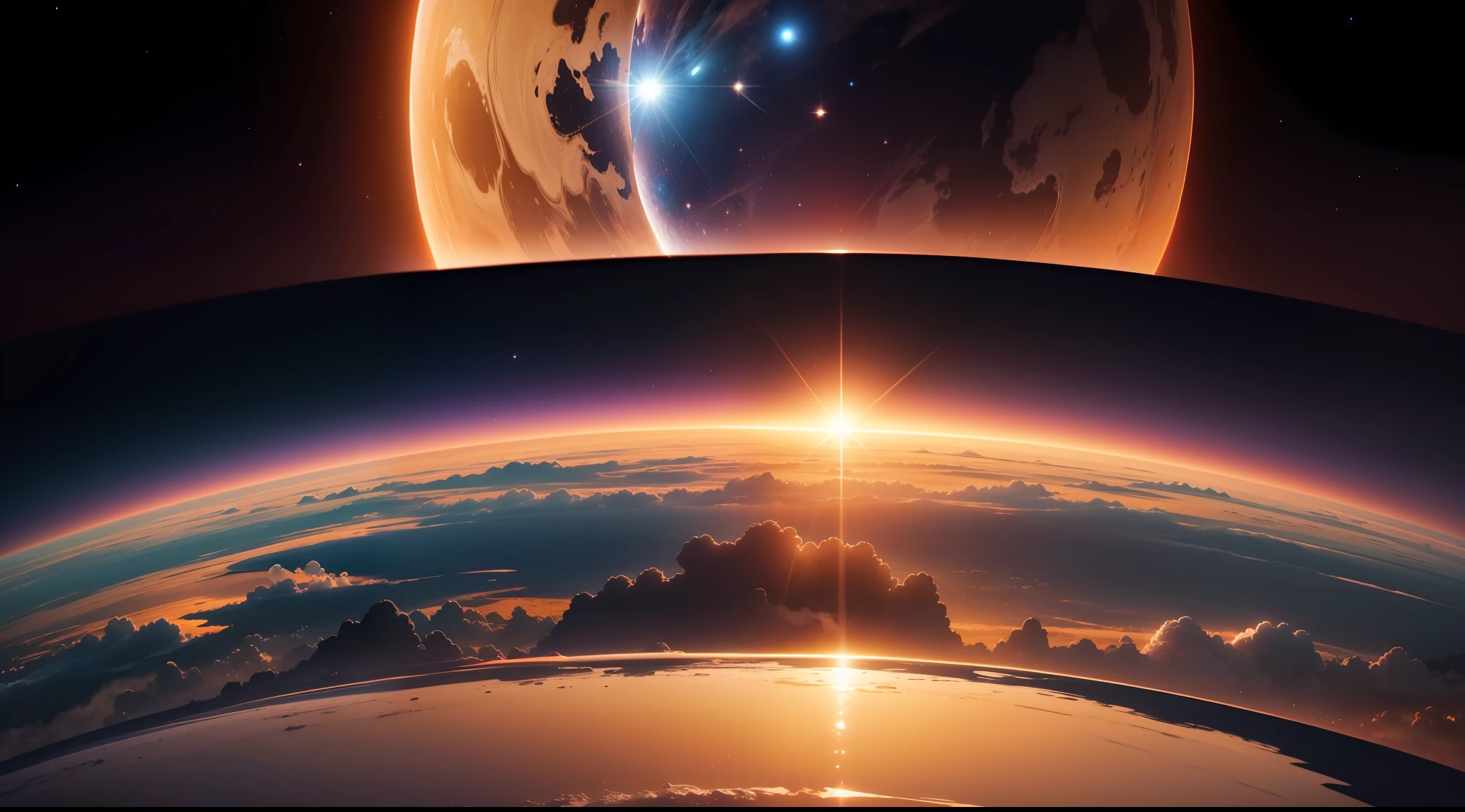 The sun rises from the shadow of the Earth in outer space、zori、Fantastic、Ethereal、Fantastic、Ethereal、Photorealism Based Details Widget 1.3, Ultra-detailed depiction、Cinematic shots with HDR effect、Vignette and center screen、Generate in automatic mode