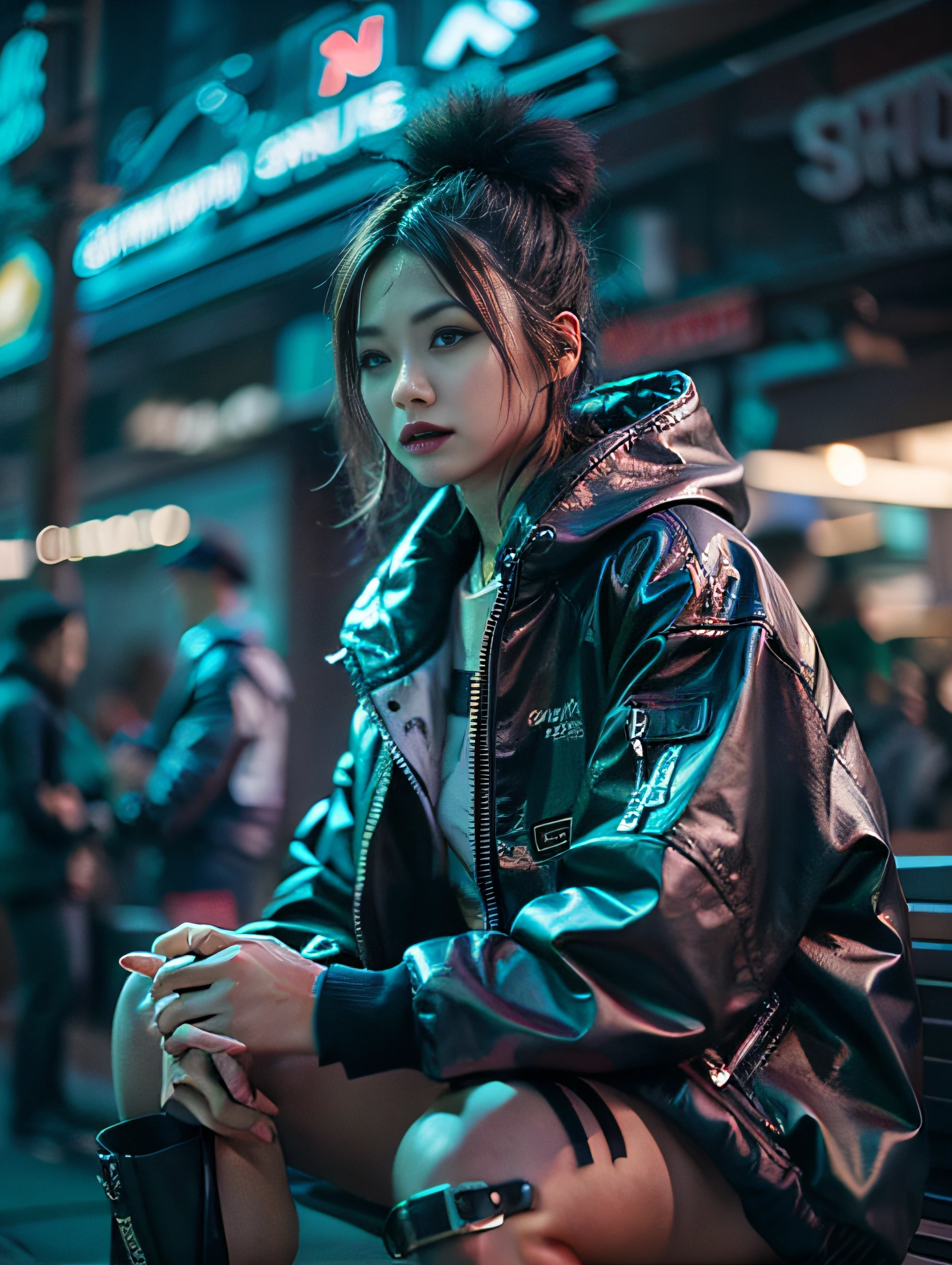 ​masterpiece、hightquality、Soio、beautiful model、Back lighting、beautiful hairl、A detailed eye、Dramatic scenes、À la Fed woman sitting on a city bench with neon sign, Blade Runners Air、full body Esbian、Cinematic. leng jun, Anime style mixed with Fujifilm, mid shot portrait, cyberpunk streetwear, Inspired by Liam Wong, inspired by Kanō Naizen, cyberpunk vibe, cyberpunk photo, muted cyberpunk style, Medium shot portrait, hyper-realistic cyberpunk style, wearing cyberpunk streetwear、Powerful Hand Pose、low angles、wide-angle lens、14mm lens、sigma、Depth of subject、8K High Resolution、细致背景、Drawing with enhanced hair details、A detailed face、more hair、Detailed nose、Detailed mouth、Detailed body、stares at the camera、Hair details