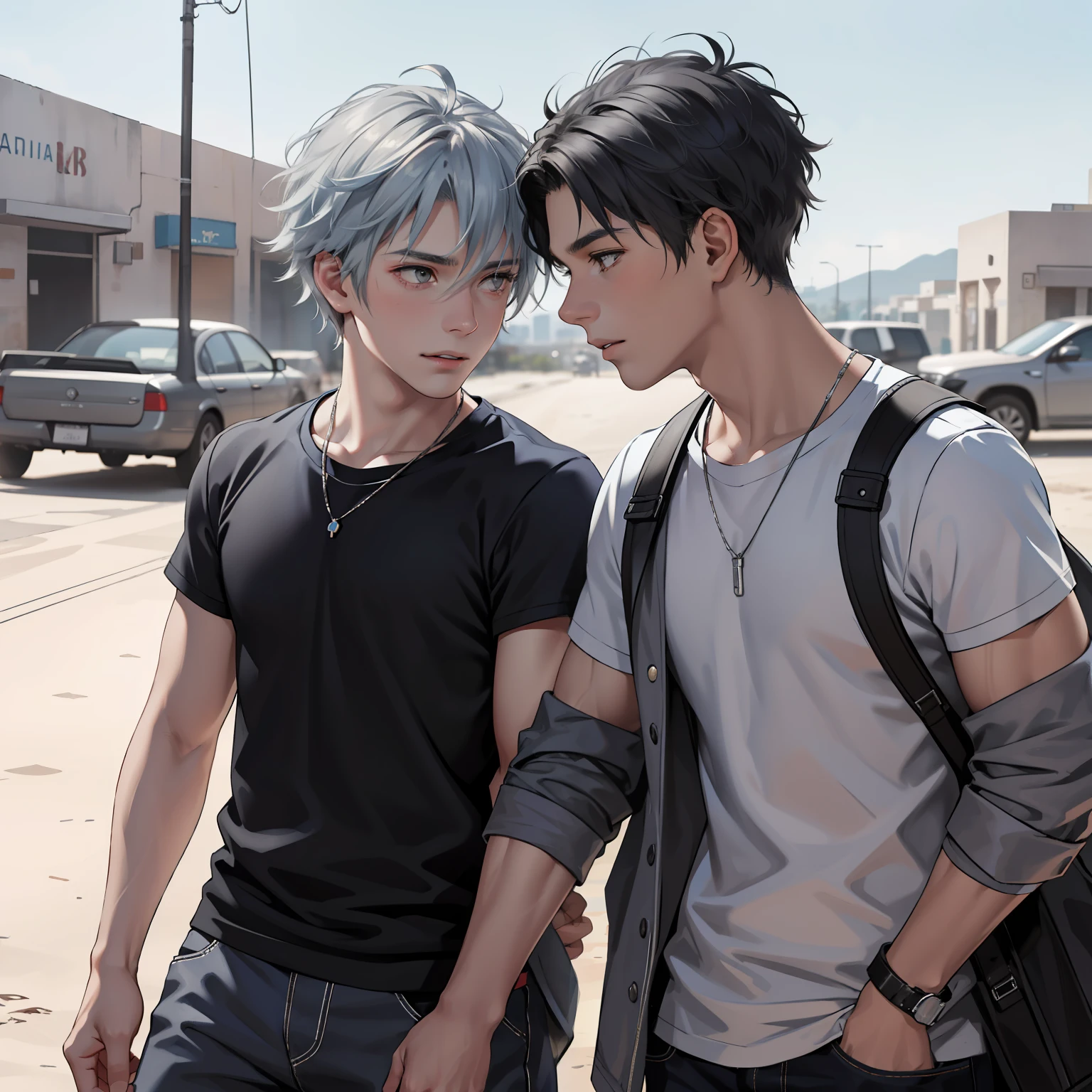 In the background is a silver city Two 15-year-old teenage friends with blue hair, With Latin skin and light gray hair on the outskirts of a large silver city they are talking about an important topic they are friends almost like brothers........