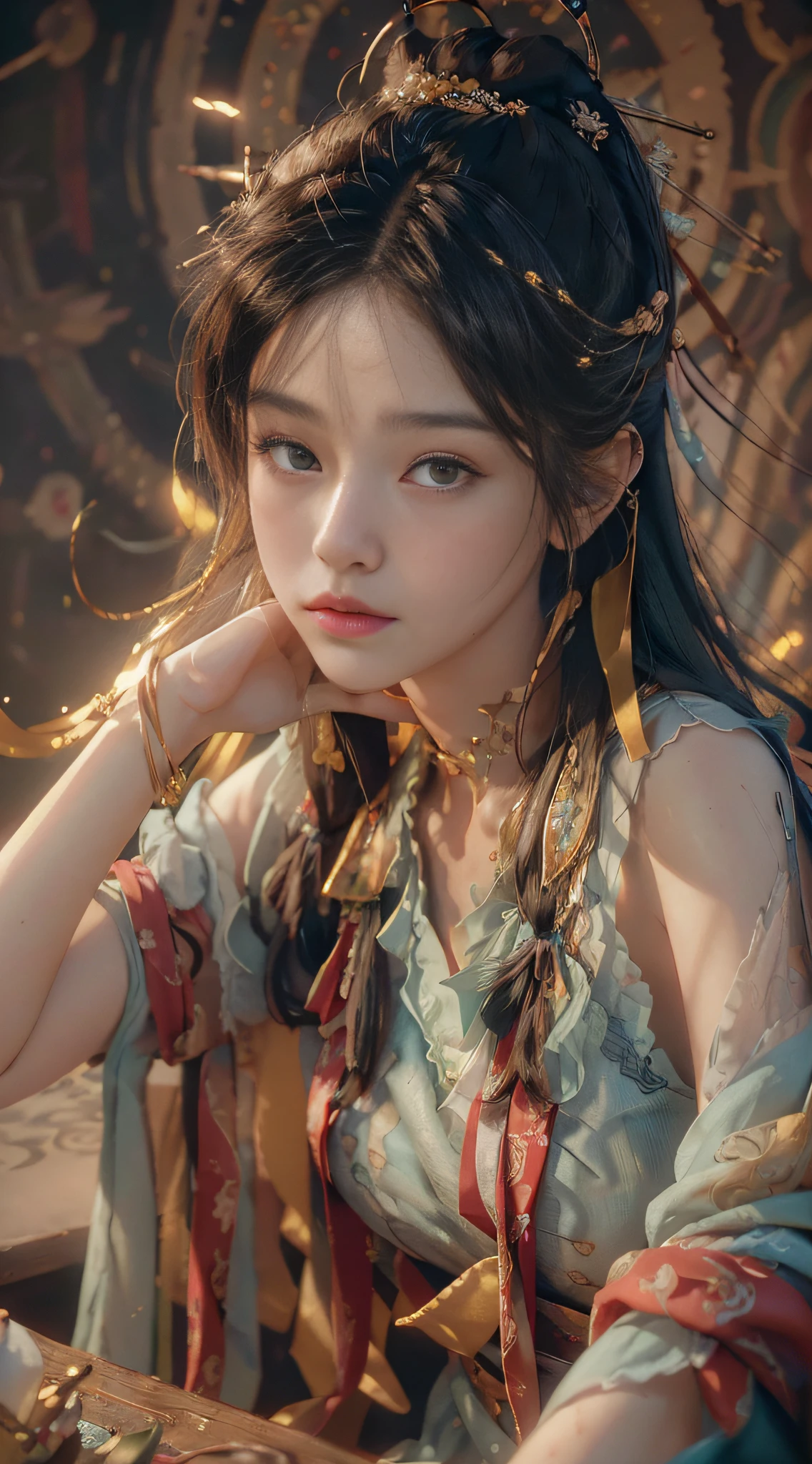 (RAW photo, best quality), (realistic, photo-realistic:1.3),best quality,highly detailed,masterpiece,ultra-detailed,illustration,1girl,upper_body,dynamic angle,world masterpiece theater,messy_long_hair,best quality,extremely detailed CG unity 8k wallpaper,ink,Amazing,cinematic lighting,lens_flare, dunhuang_style