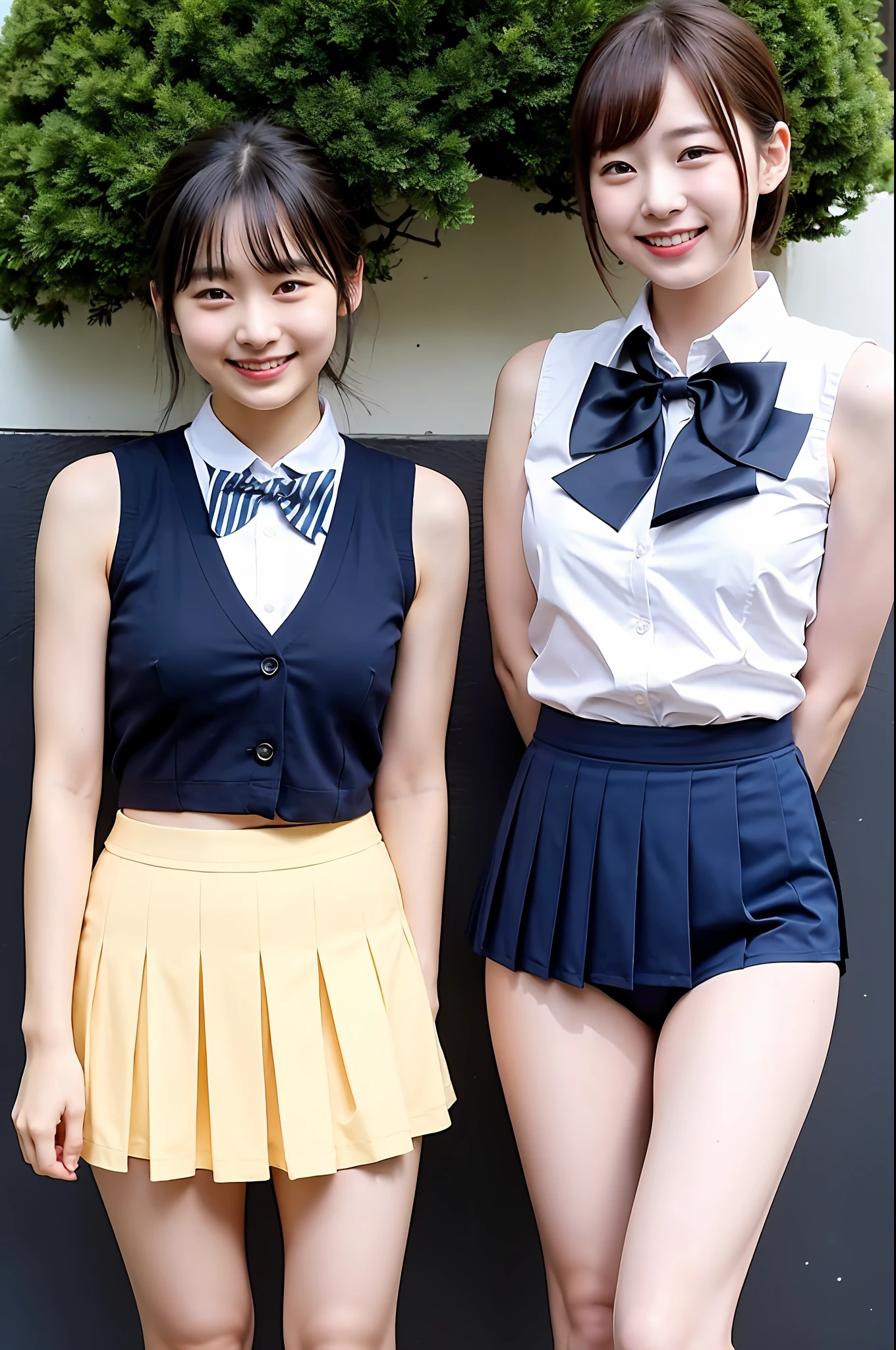 2 girls standing,navy blue bikini-bottom with school skirt,sleeveless white shirt,navy blue bow tie,18year old,bangs,smiles,thighs,short cut hair,poneyTail,blue-sky in summer