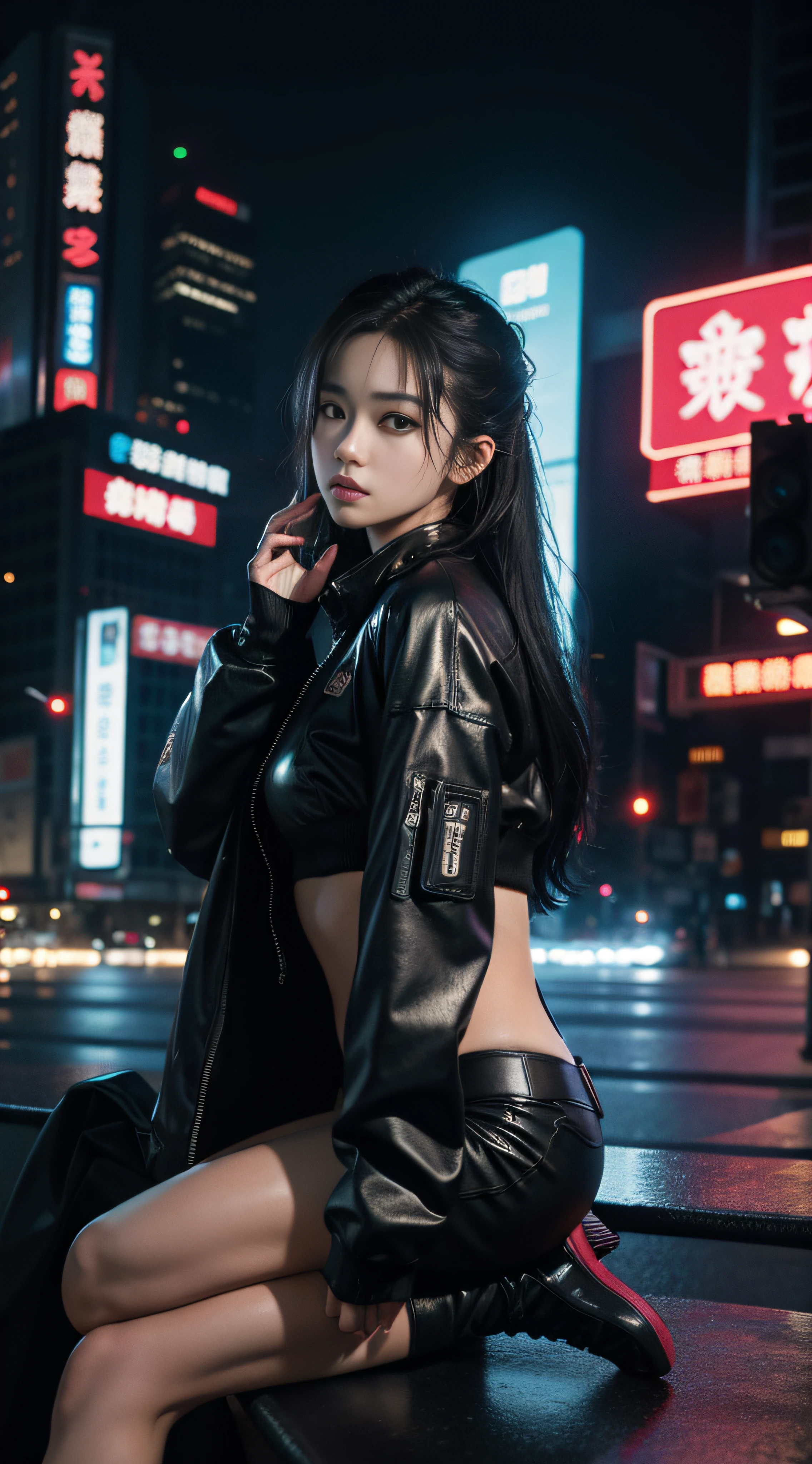 ​masterpiece、hightquality、Soio、beautiful model、Back lighting、beautiful hairl、A detailed eye、À la Fed woman sitting on a city bench with neon sign, Blade Runners Air、full body Esbian、Cinematic. leng jun, Anime style mixed with Fujifilm, mid shot portrait, cyberpunk streetwear, Inspired by Liam Wong, inspired by Kanō Naizen, cyberpunk vibe, cyberpunk photo, muted cyberpunk style, Medium shot portrait, hyper-realistic cyberpunk style, wearing cyberpunk streetwear、Powerful Hand Pose、low angles、wide-angle lens、14mm lens、sigma、Depth of subject、8K High Resolution、细致背景、Drawing with enhanced hair details、A detailed face、more hair、Detailed nose、Detailed mouth、Detailed body、stares at the camera、Hair details