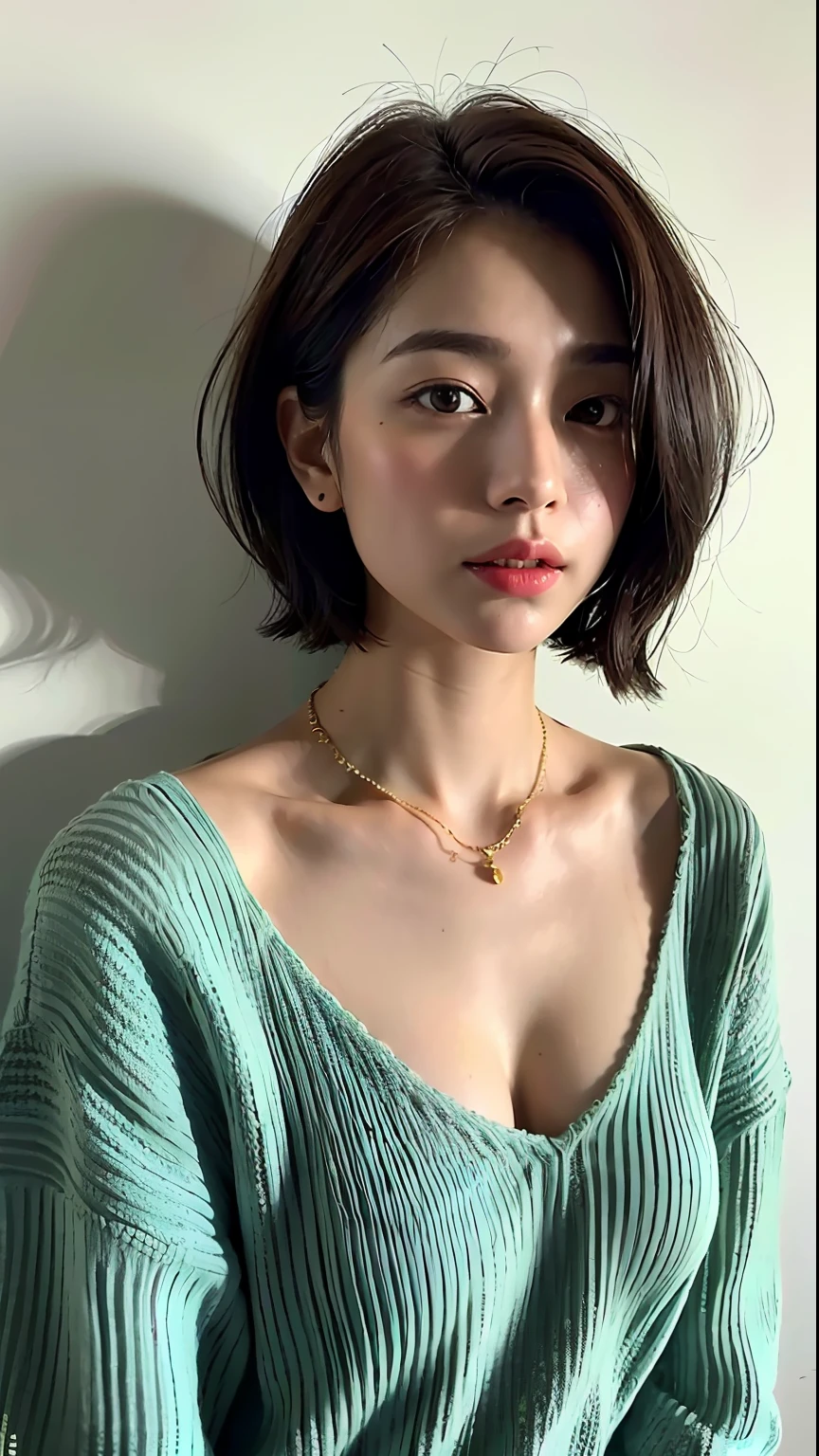 (Best quality, 8k, 32k, Masterpiece, UHD:1.2),Photo of Pretty Japanese woman, large breasts, very short bob hair,upper body,face focus,oversized_sweater, necklace, simple background, from above, looking at viewer,