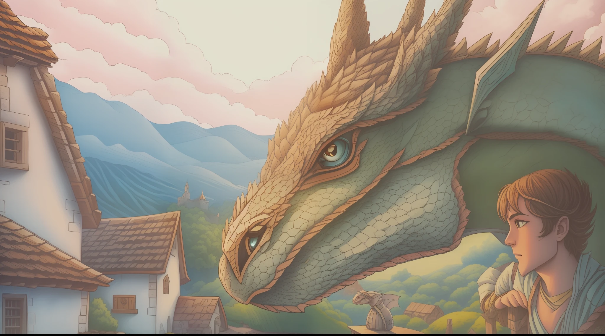 image of  eye contact with young knight and small dragon, tranquility, affection, friendship, medieval rural village background, soothing atmosphere, blue sky, sunshine, natural lighting, cinema steel, cinematic angle, colored pencil art, woodblock,