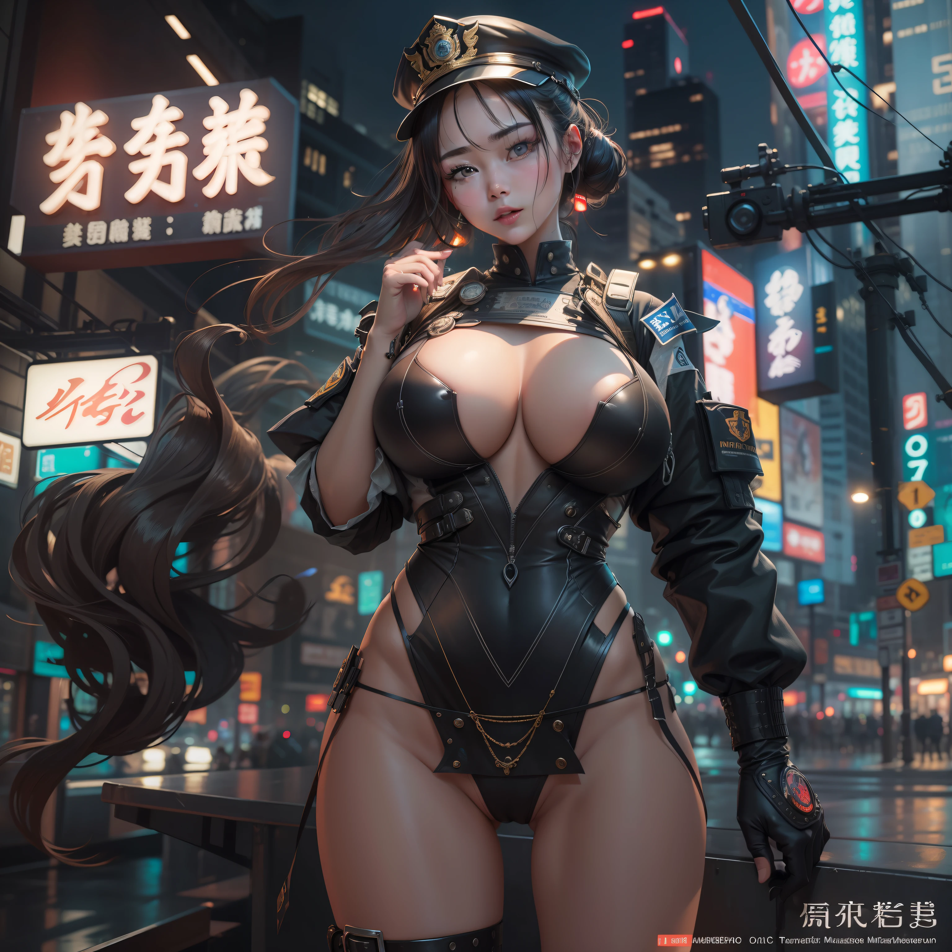 (top-quality:1.2)、beautiful countenance、(​masterpiece:1.2、8K)(PureErosFace_V1:0.7)、perfect anatomia、Engage your audience、Police attire、police hat、thick thight、huge tit、droopy chest、unreal、inricate small details、City view、Pose of Madness、natta、neon signs、电影灯光、(highlydetailed skin:1.2)