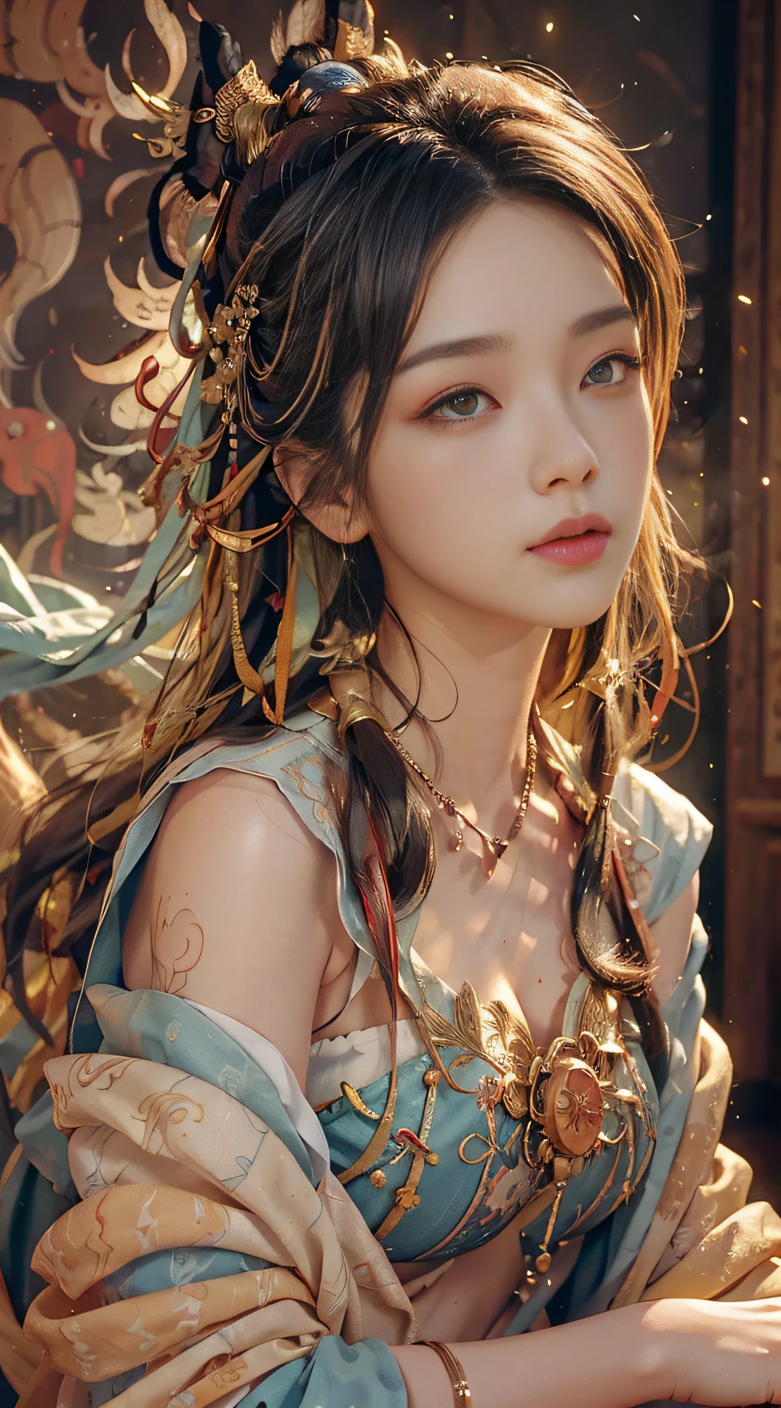 (RAW photo, best quality), (realistic, photo-realistic:1.3), best quality, highly detailed, masterpiece, ultra-detailed, illustration, 1girl, upper_body, dynamic angle, world mastery theater, messy_long_hair,best quality, extremely detailed CG unity 8k壁纸,ink,astounding,电影灯光,lens_flare,dunhuang_style,False lashes,Smoky makeup