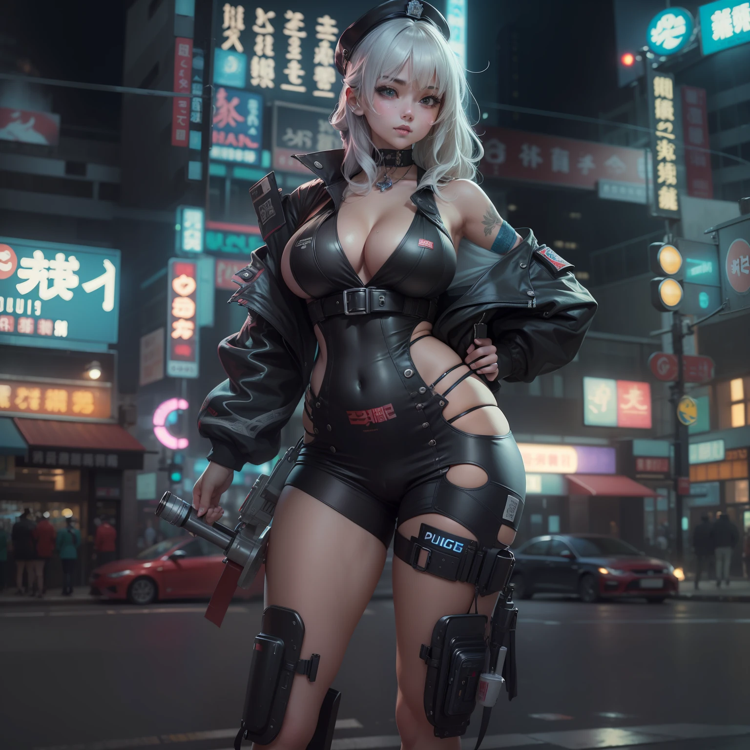 (top-quality:1.2)、beautiful countenance、(masterpiece:1.2、8K)(PureErosFace_V1:0.7)、perfect anatomia、Engage your audience、Police attire、police hat、thick thight、huge tit、droopy chest、unreal、inricate small details、City view、Pose of Madness、natta、neon signs、电影灯光、(highlydetailed skin:1.2)