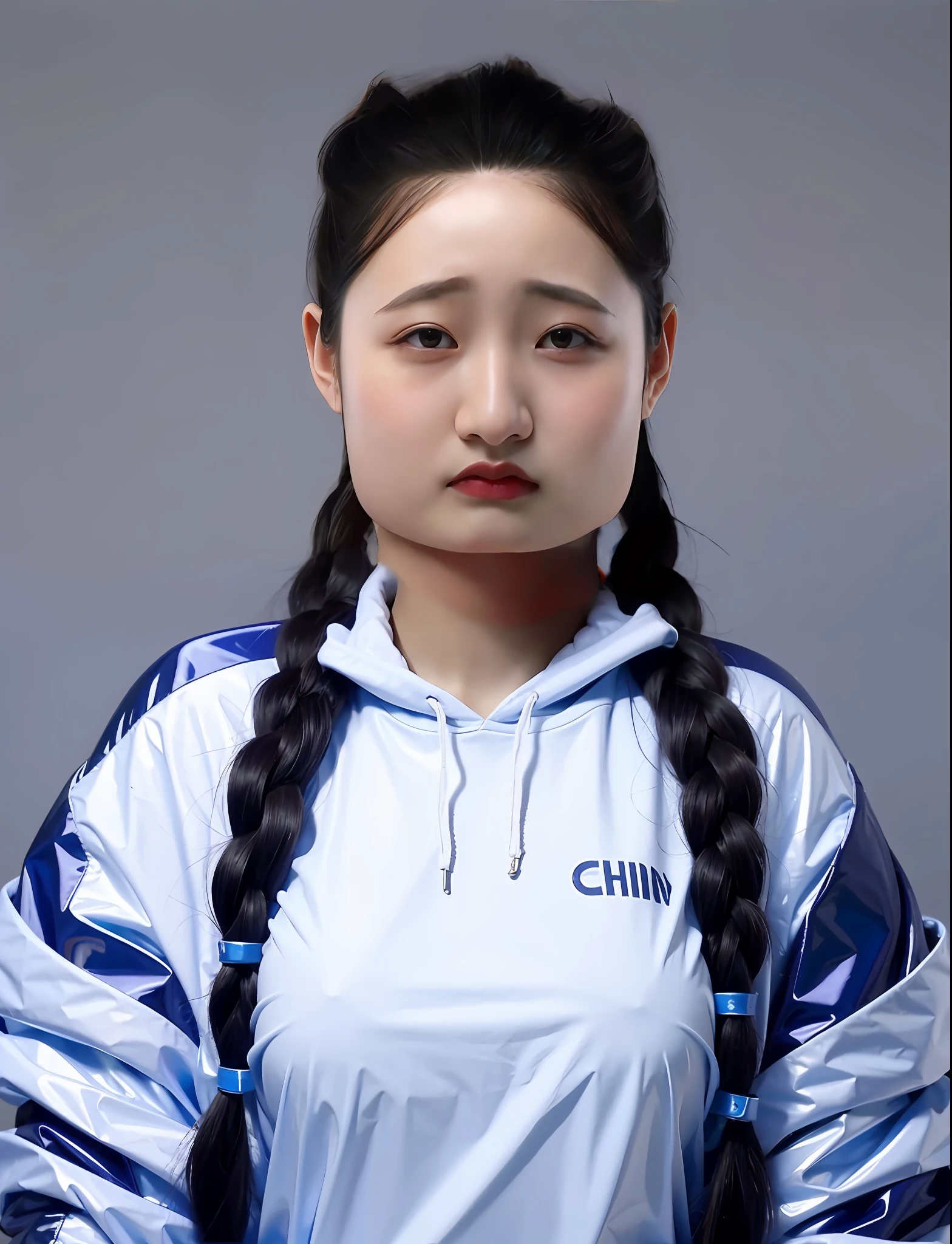 A Chinese high school girl，Full breasts，Wearing a blue PVC sweatshirt，long braid