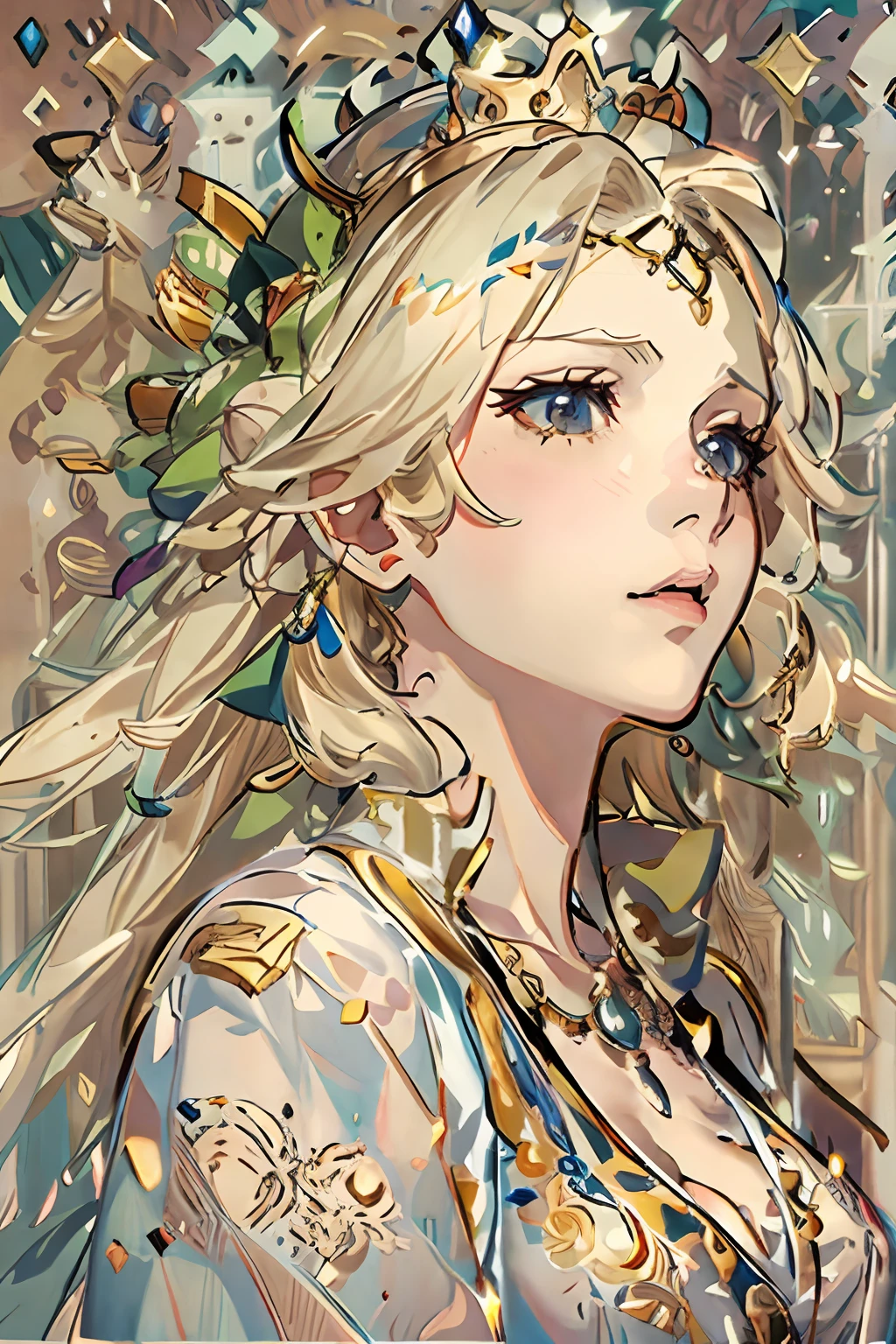 Drawing of a woman with long blonde hair and a crown, alphonse mucha and rossdraws, Anime Art Nouveau, Detailed Digital Anime Art, portrait of princess zelda, portrait knights of zodiac girl, highly detailed exquisite fanart, anime fantasy illustration, clean detailed anime art, detailed anime art, Mucha Style 4K, boris valejo. octopath traveler