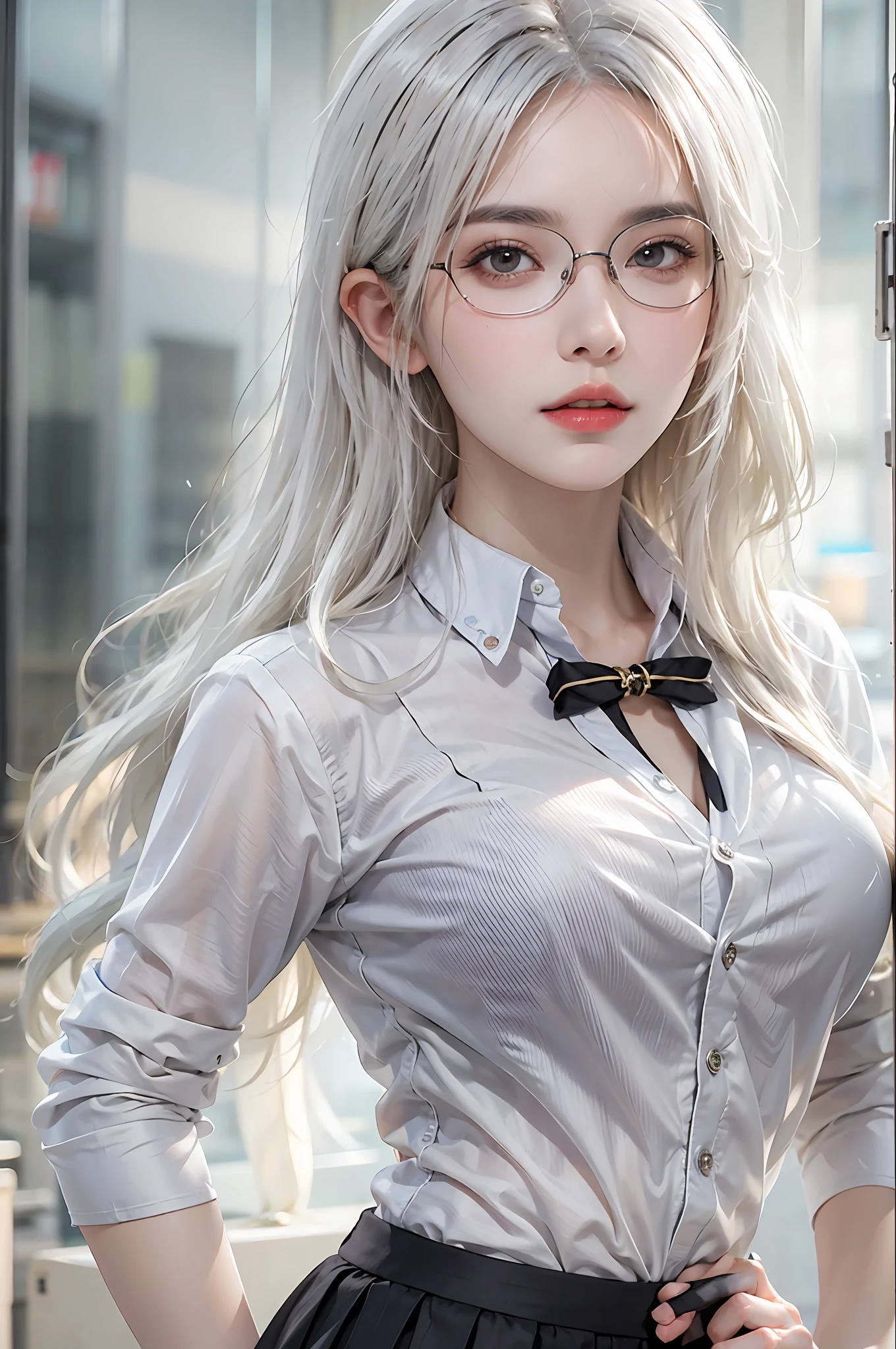 photorealistic, high resolution, 1 women, solo, hips up, look at viewer, (detailed face), white hair, long hair, secretary uniform, skirt, lace bra, glasses