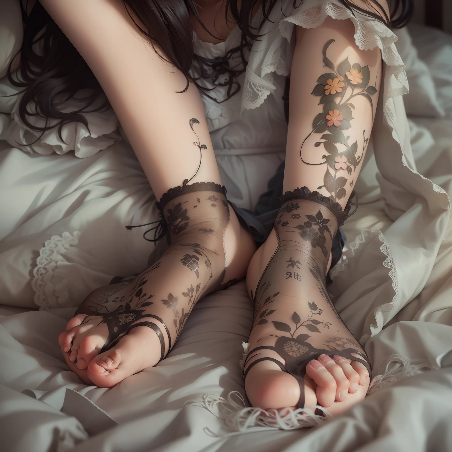 Wearing tattered stockings，Girl showing the soles of her feet