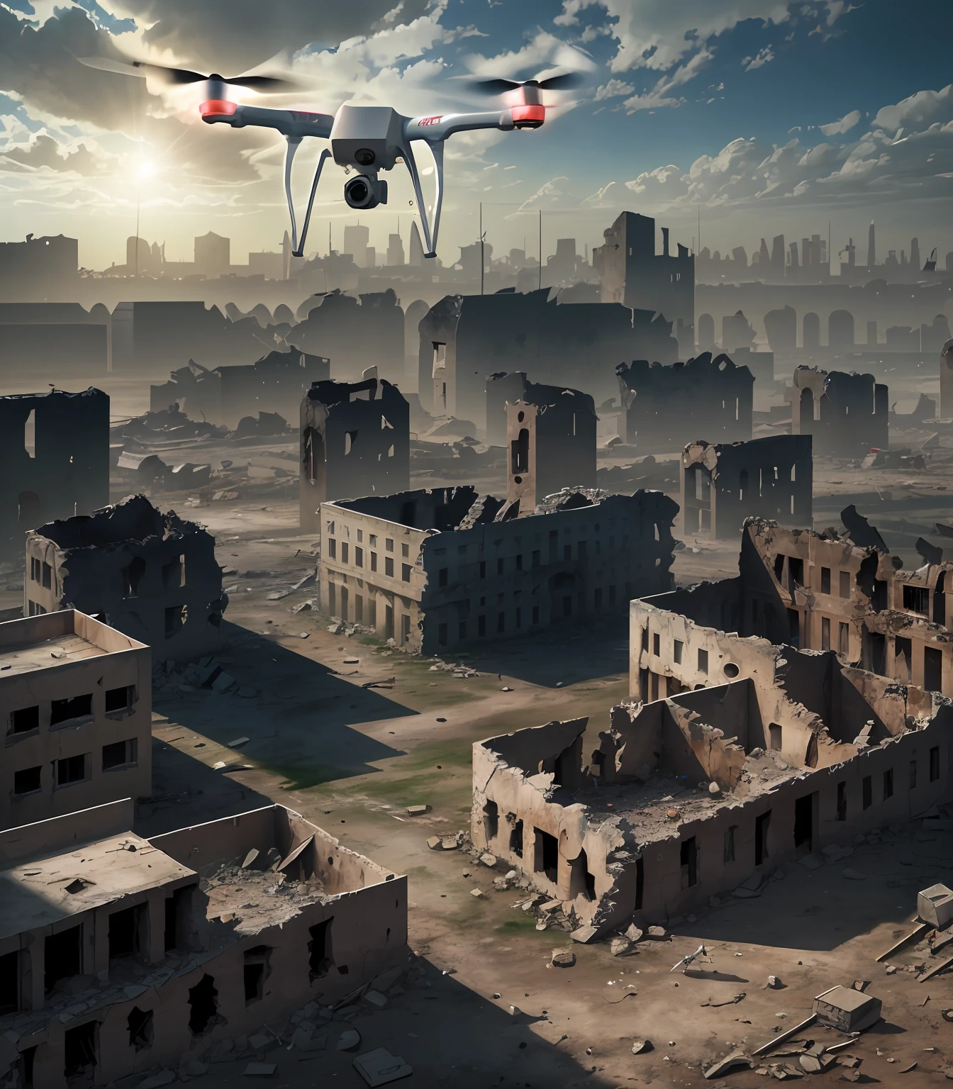 full shot, military flying reconnaissance drone flies through the ruins of the city in search of survivors, post-apocalyptic atmosphere, dramatic light, dark key, hdr, high detail, clear focus, 8k, hyper photorealism, joe bussenik style --auto --s2