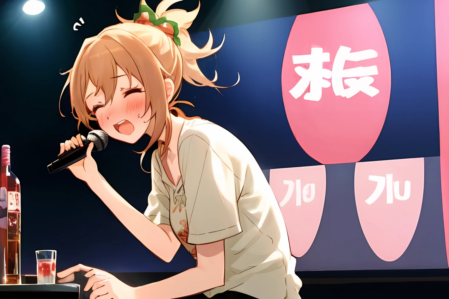 1girl, yoimiya, drunk, karaoke, singing, live stage, night club, casual clothes, embarrassed