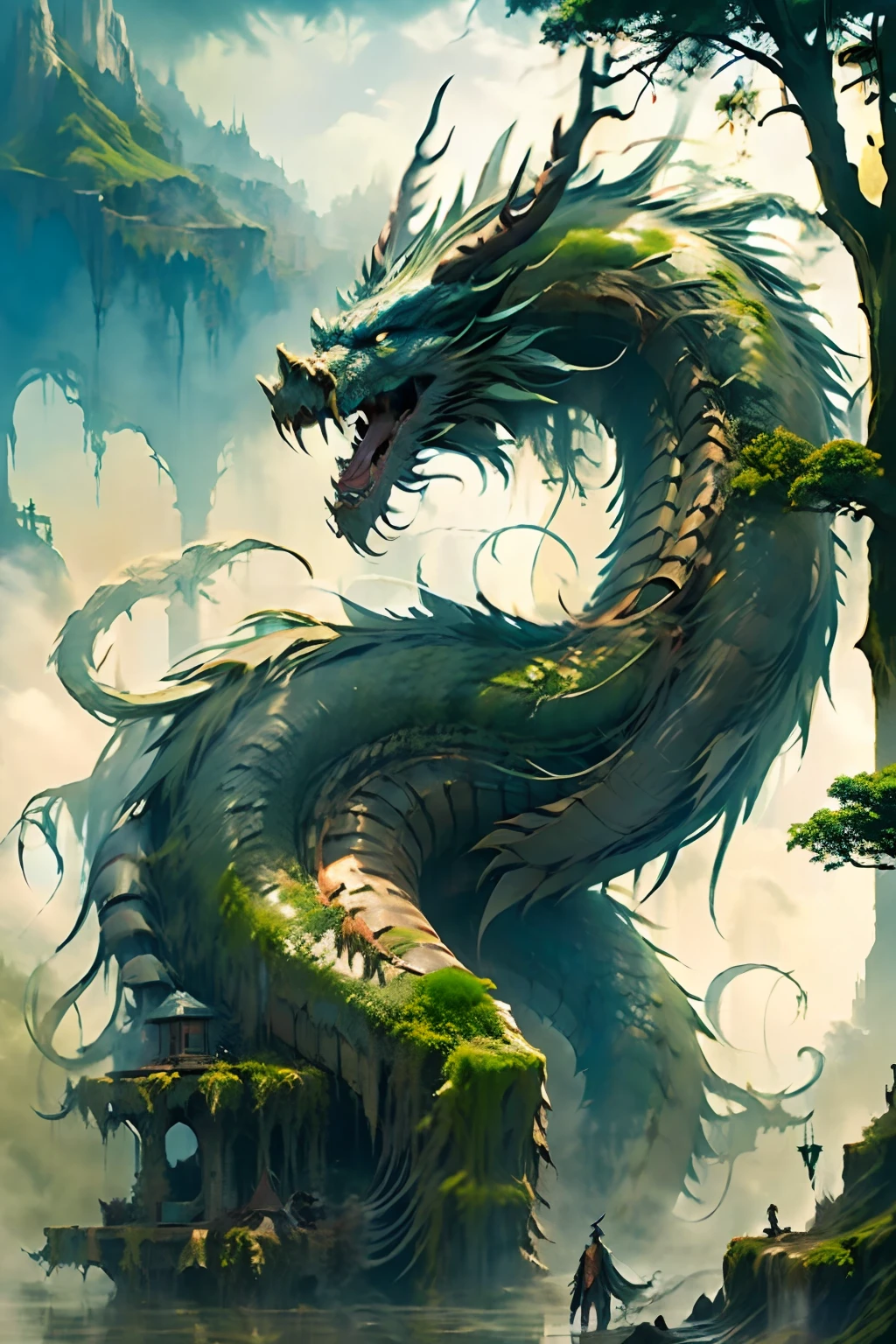 Best quality,masterpiece,ultra high res,nu no humans, (long:1.2),tree, teeth, sharp teeth, blue eyes, cloud, outdoors, 1other, fantasy, horns, sky, fog, open mouth, monster, scenery
