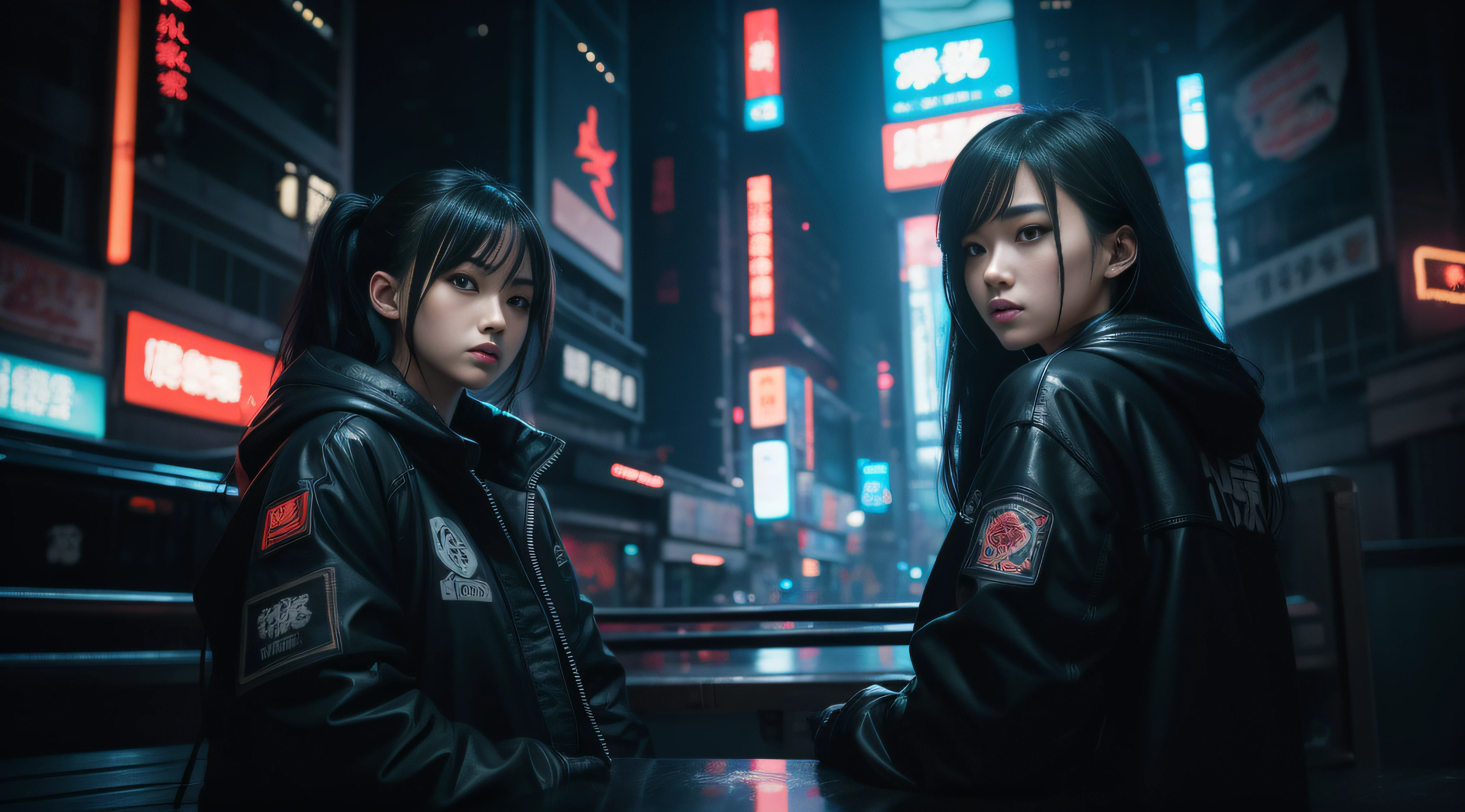 masterpiece、hightquality、Soio、beautiful model、Back lighting、beautiful hairl、A detailed eye、Dramatic scenes、À la Fed woman sitting on a city bench with neon sign, Blade Runners Air、full body Esbian、Cinematic. leng jun, Anime style mixed with Fujifilm, mid shot portrait, cyberpunk streetwear, Inspired by Liam Wong, inspired by Kanō Naizen, cyberpunk vibe, cyberpunk photo, muted cyberpunk style, Medium shot portrait, hyper-realistic cyberpunk style, wearing cyberpunk streetwear、Powerful Hand Pose、low angles、wide-angle lens、14mm lens、sigma、Depth of subject、8K High Resolution、细致背景、Drawing with enhanced hair details、A detailed face、more hair、Detailed nose、Detailed mouth、Detailed body、stares at the camera、Hair details