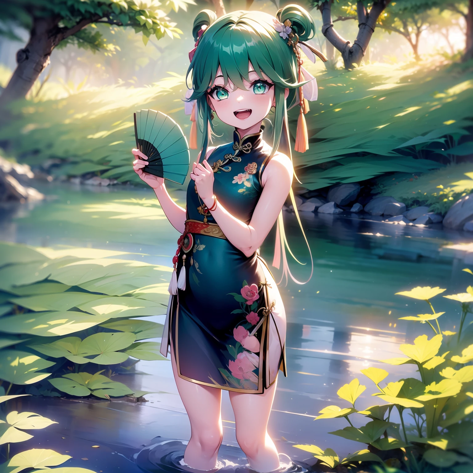 , Standing in front of the pond, Wearing a green Chinese dress, holding a fan, evil laugh, Best quality, masterpiece