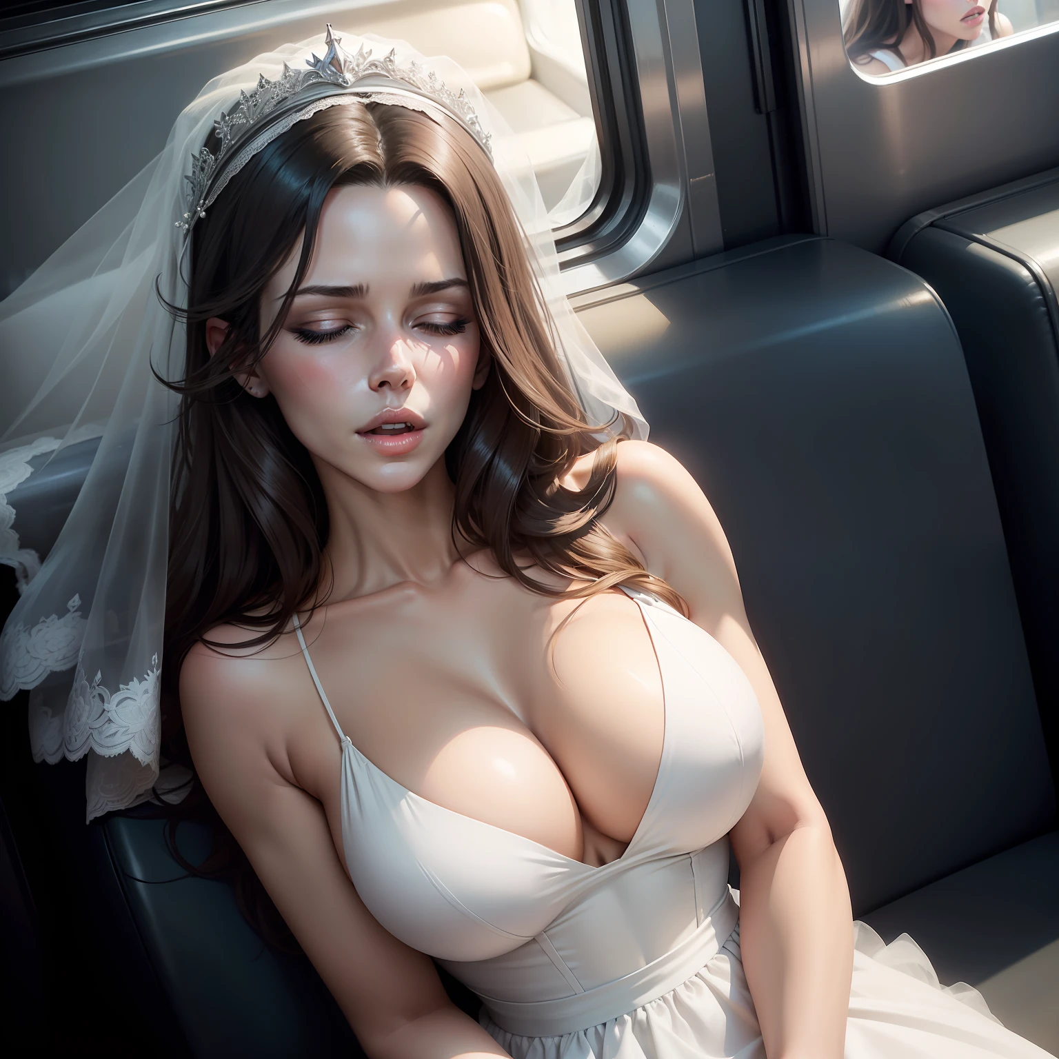 1 Beautiful woman, resembling actress Kate Beckinsale, large eyelashes, full glossy lips, drooling, sleeping with her mouth open, snoring, sleeping sitting on the train, head up on the seat with her mouth open, in a wedding dress, outlined eyes, closed eyes.