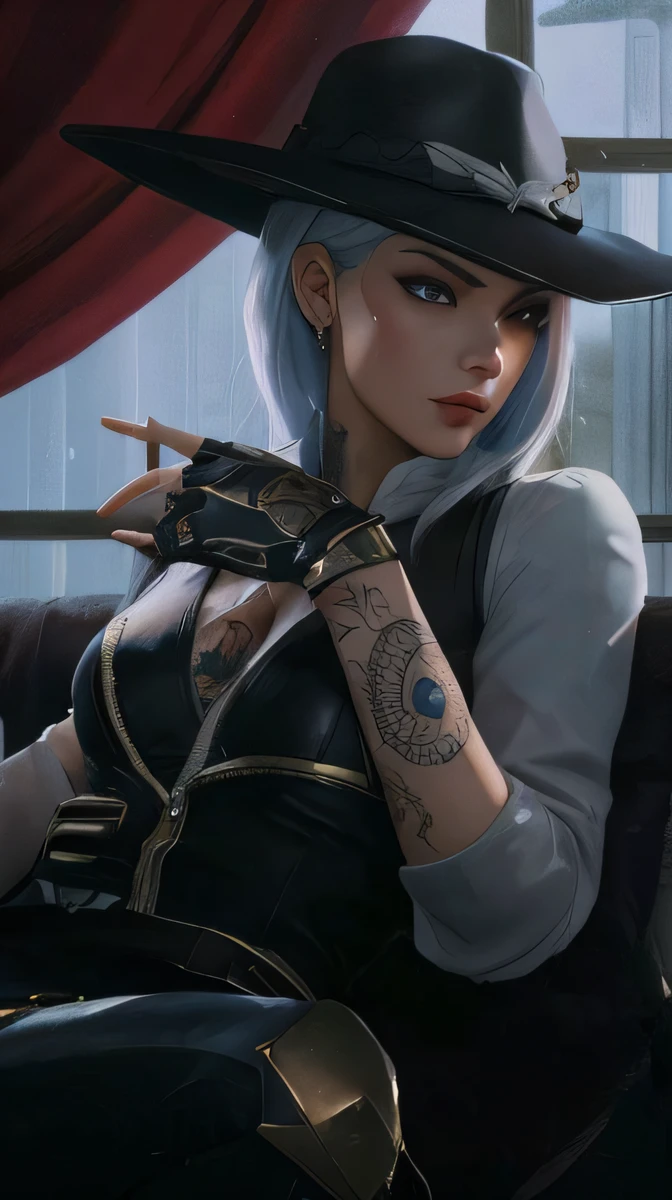 A closeup of a woman with a hat and a tattoo on her arm, Ashe, Overwatch, Ashe, Artgerm extremamente detalhado, Artgerm. High detail, estilo Artgerm, pintura de personagem bonita, bela senhora desonestos, Artgerm e J. Dickenson, fanart requintada altamente detalhada, Alexandra Fomina Artstation, Miss Fortune League of Legends